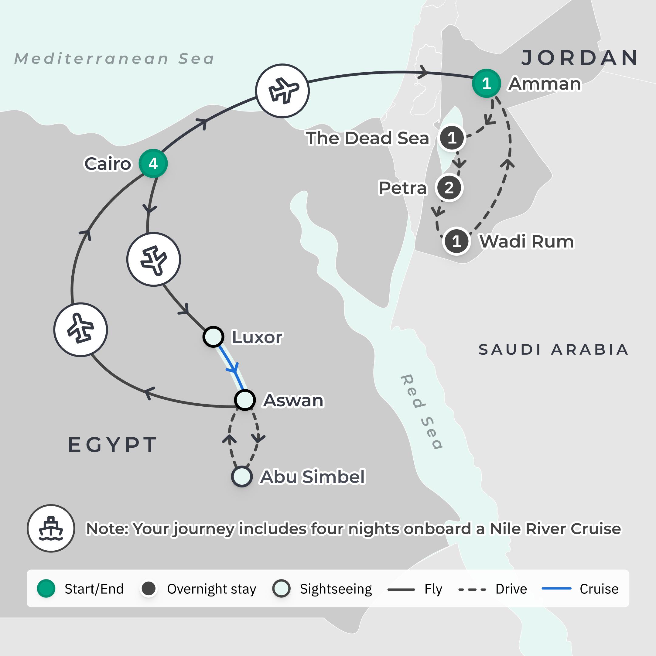 Nur für kurze Zeit: Deluxe-Entdeckungsreise durch Ägypten und Jordanien für 14 Tage 2027 + BONUS: Besuch von Abu Simbel route map