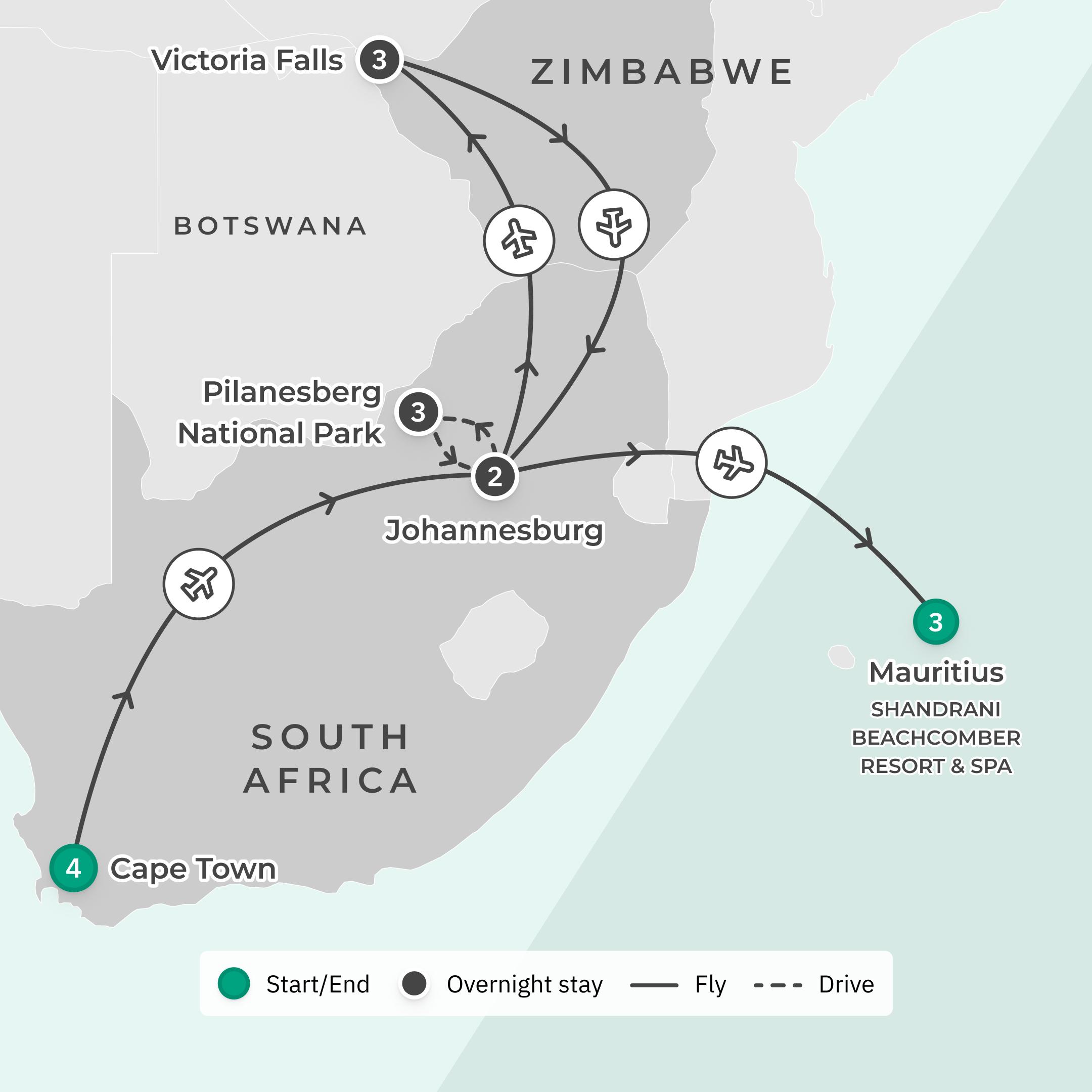 Limited Time Offer: 12-Day Private South Africa & Zimbabwe Tour with All-Inclusive Safari Lodge, Victoria Falls + 3 Night All-Inclusive Mauritius Stay route map