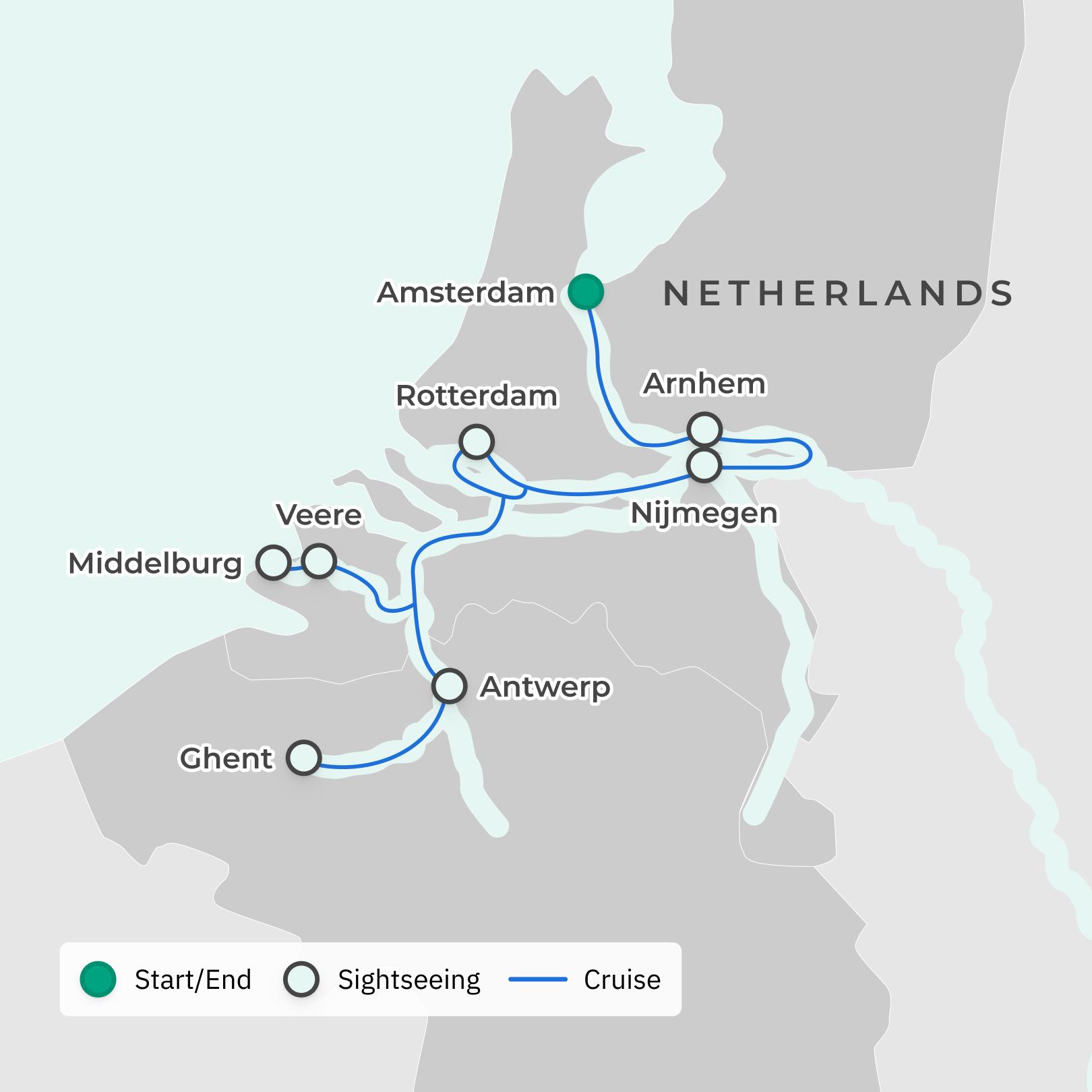 Holland & Belgium Tulip Season: All-Inclusive Riverside Luxury Cruise with Butler Service, Shore Excursions & Premium Drinks Package route map