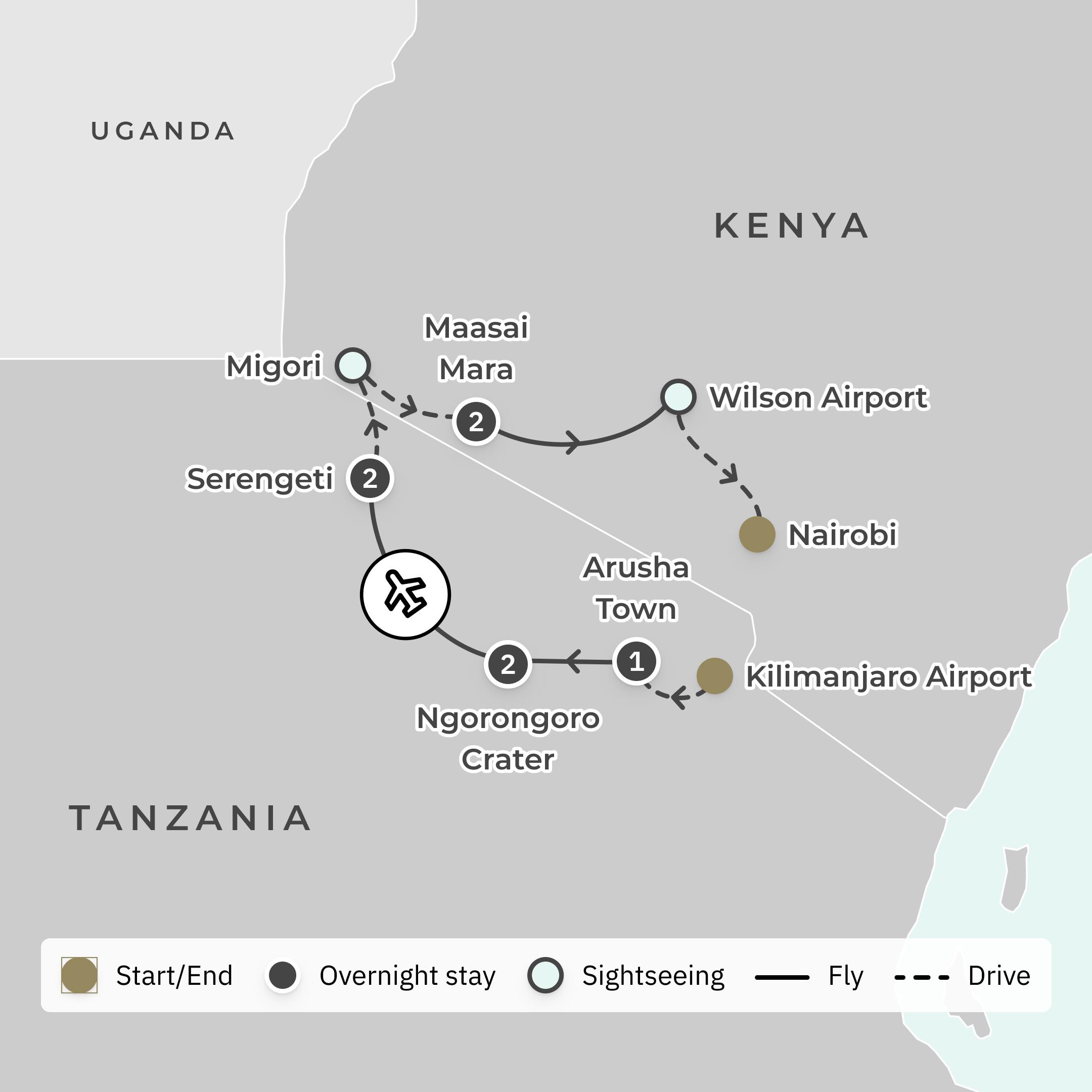 Ultra Lux 8-Day Kenya & Tanzania Private Safari 2027 with Ngorongoro Crater, Serengeti & Maasai Mara route map