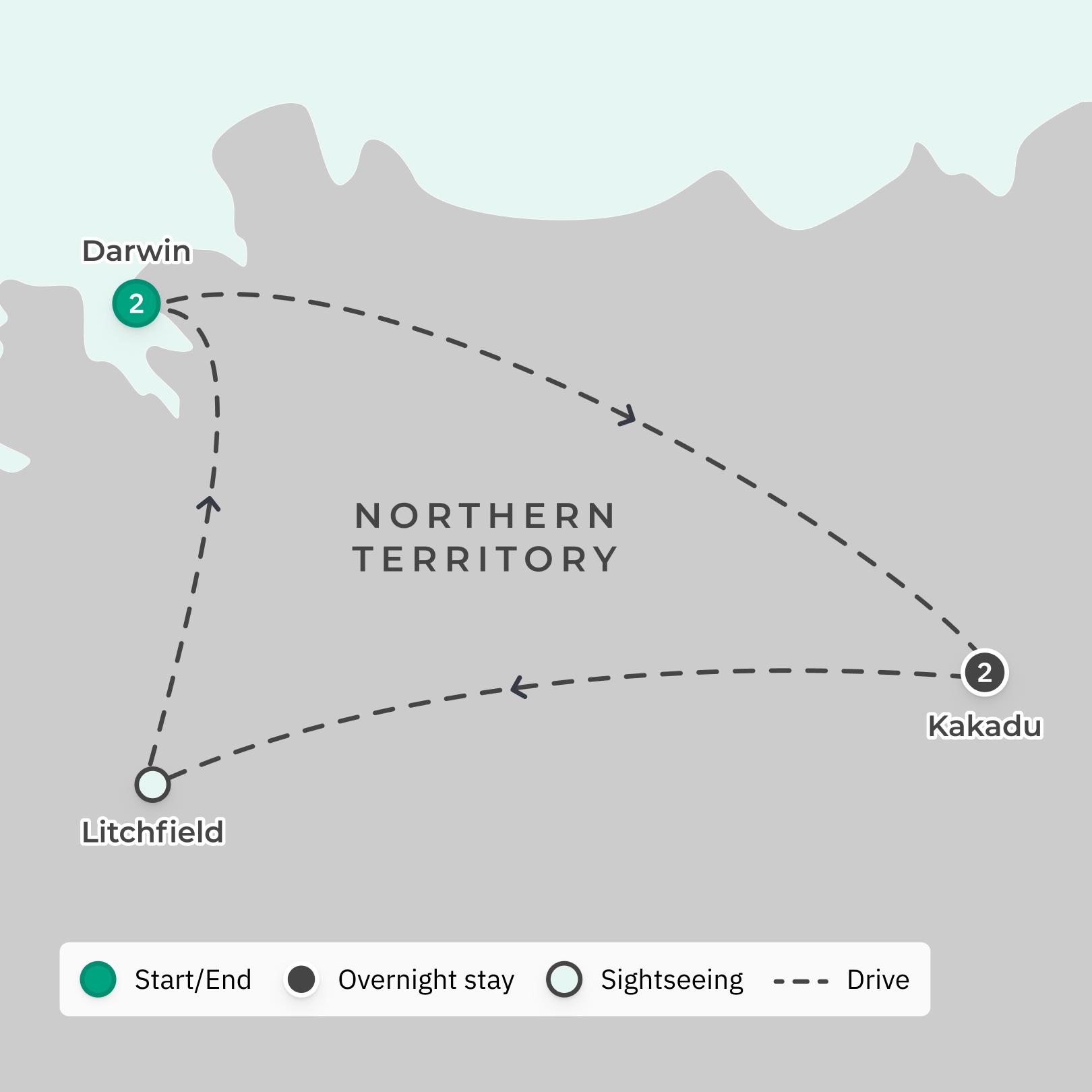 Top End: Kakadu National Park Tour with Mary River Cruise, Litchfield National Park, Bush Dining Experience & Scenic Flight route map