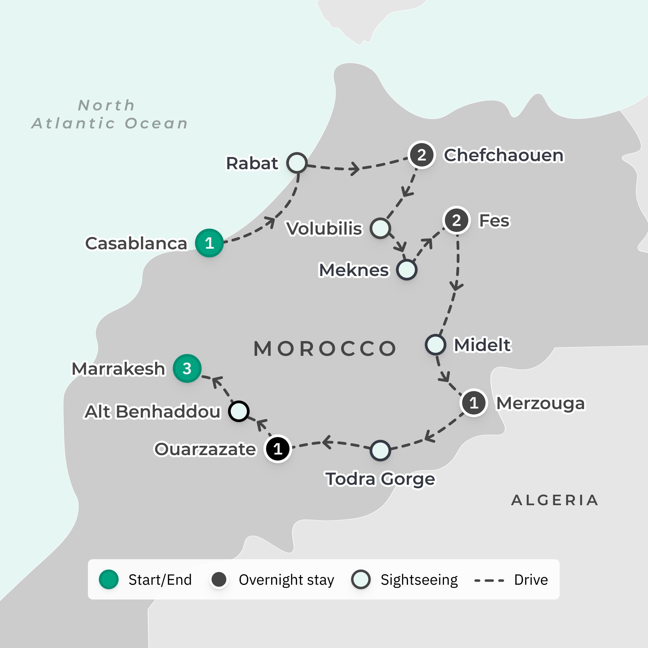 Premium 11-Day Morocco Highlights with Chefchaouen, Fes & Marrakech route map