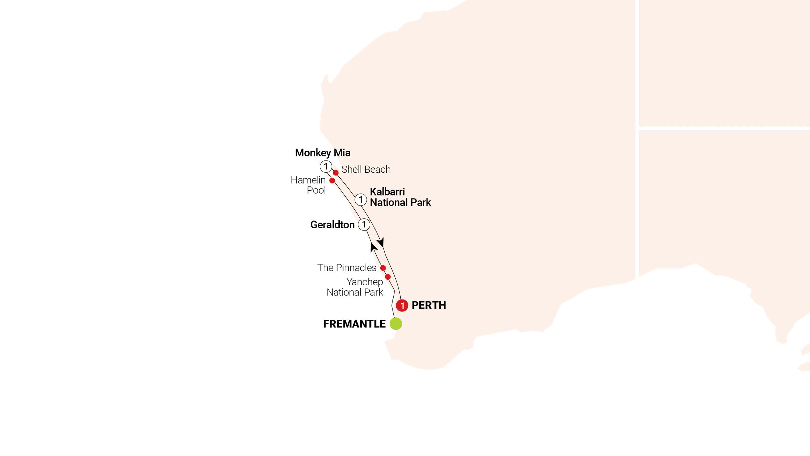 Monkey Mia Dolphins & West Coast route map