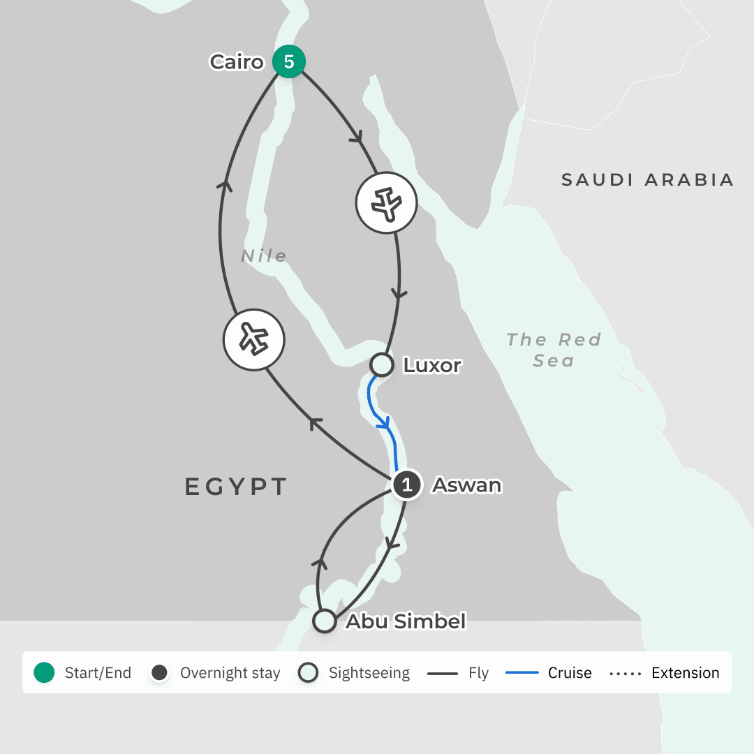 Premium 11-Day Egypt Highlights 2026 with Fairmont Cairo Stay, Abu Simbel & Mövenpick Nile River Cruise route map