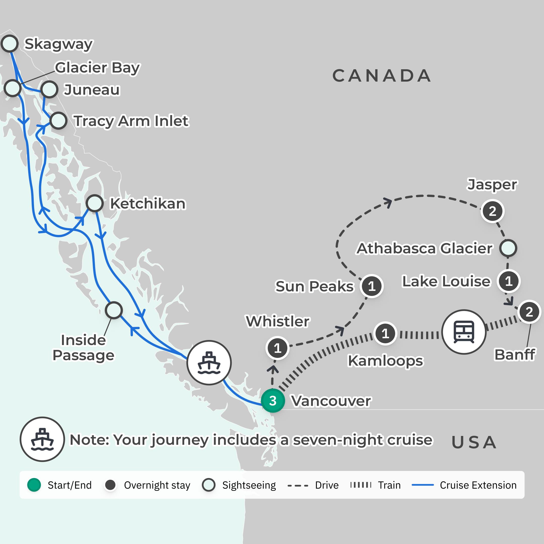 Deluxe 19-Day Canada & Alaska Rail & Sail with Rocky Mountaineer & Inside Passage Cruise route map