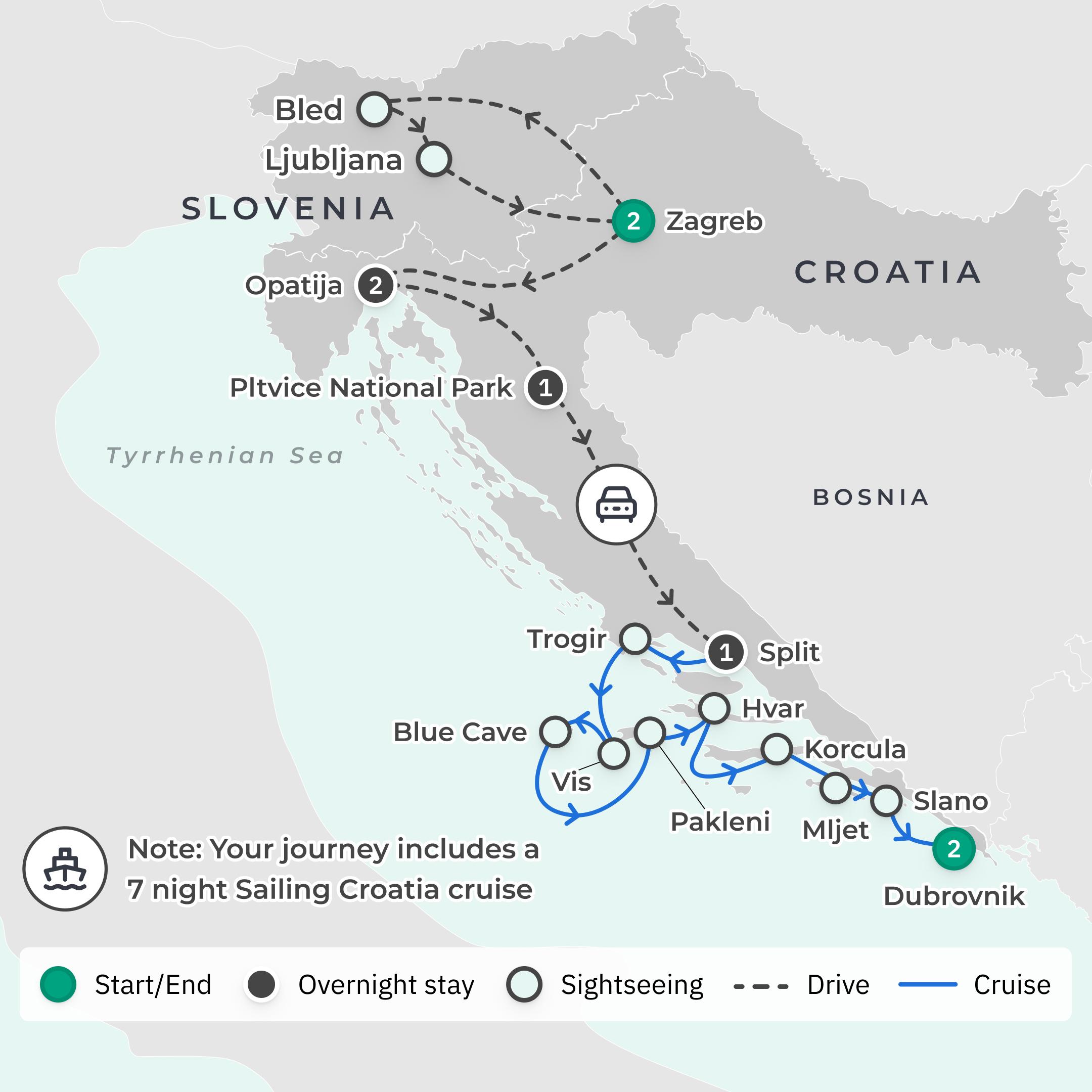 Premium 15-Day Best of Croatia 2027 with 7-Night Coastal Cruise, Slovenia & Istria route map