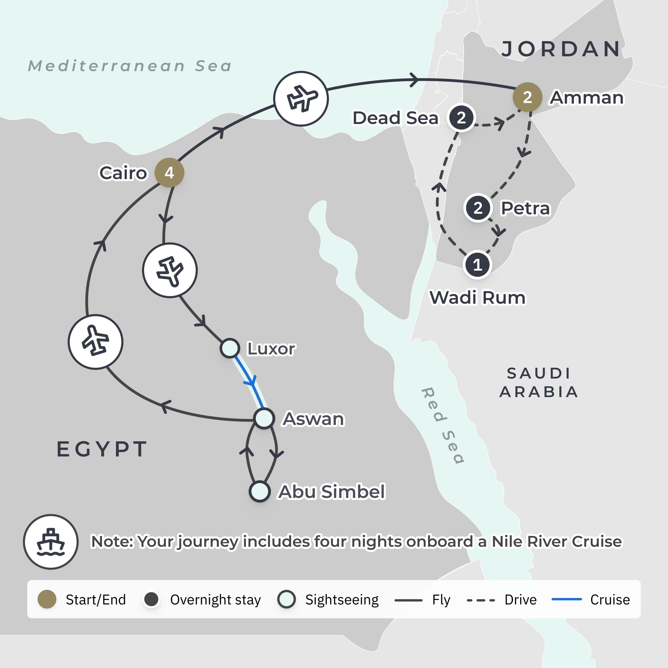 Ultra Lux 16-Day Egypt & Jordan Odyssey with Sanctuary Nile Cruise, Four Seasons & Waldorf Astoria Stays + Wadi Rum Glamping route map