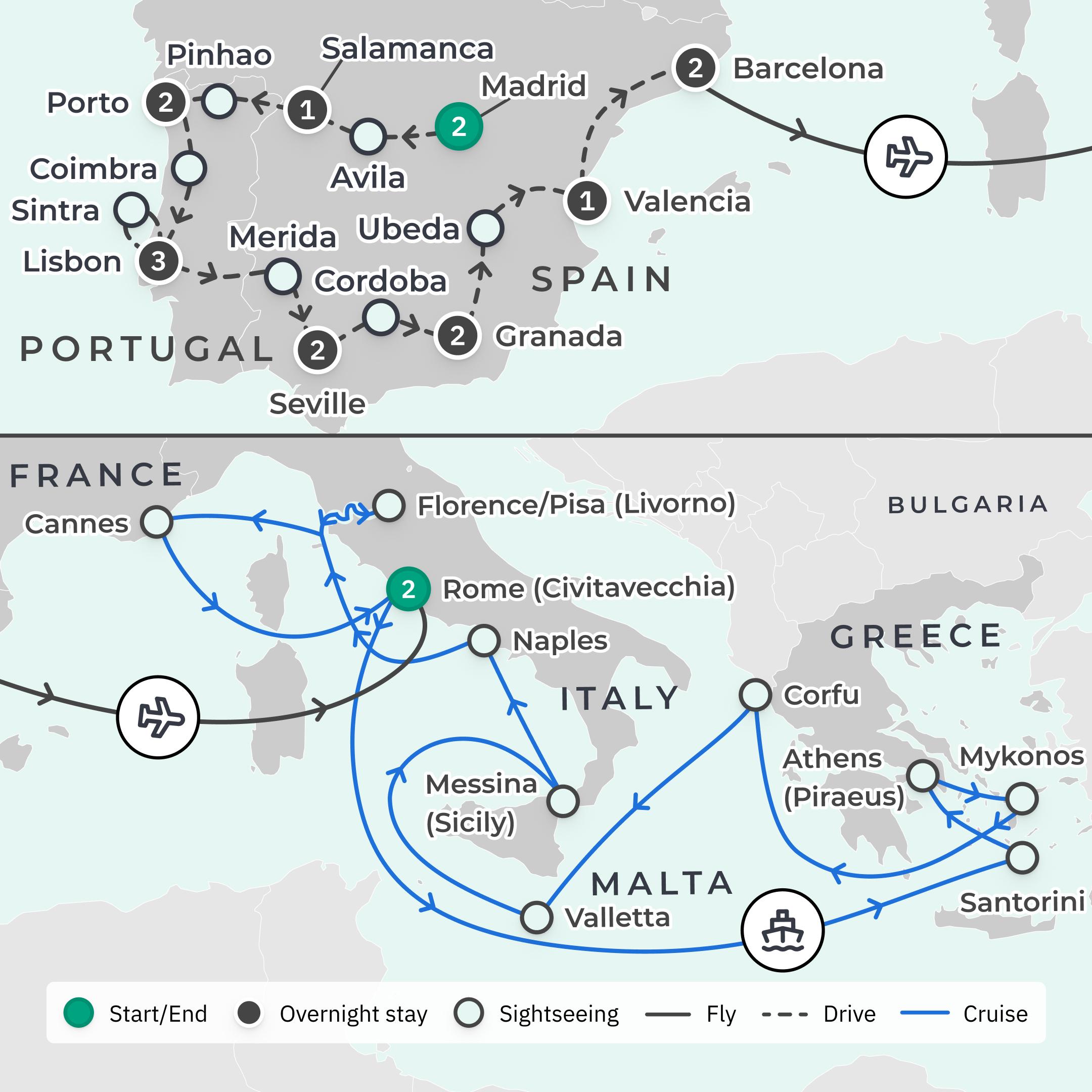 Limited Time Offer: 29-Day Spain & Portugal Tour with Mediterranean Norwegian Epic Cruise & Premium Free-Flow Drinks Onboard route map