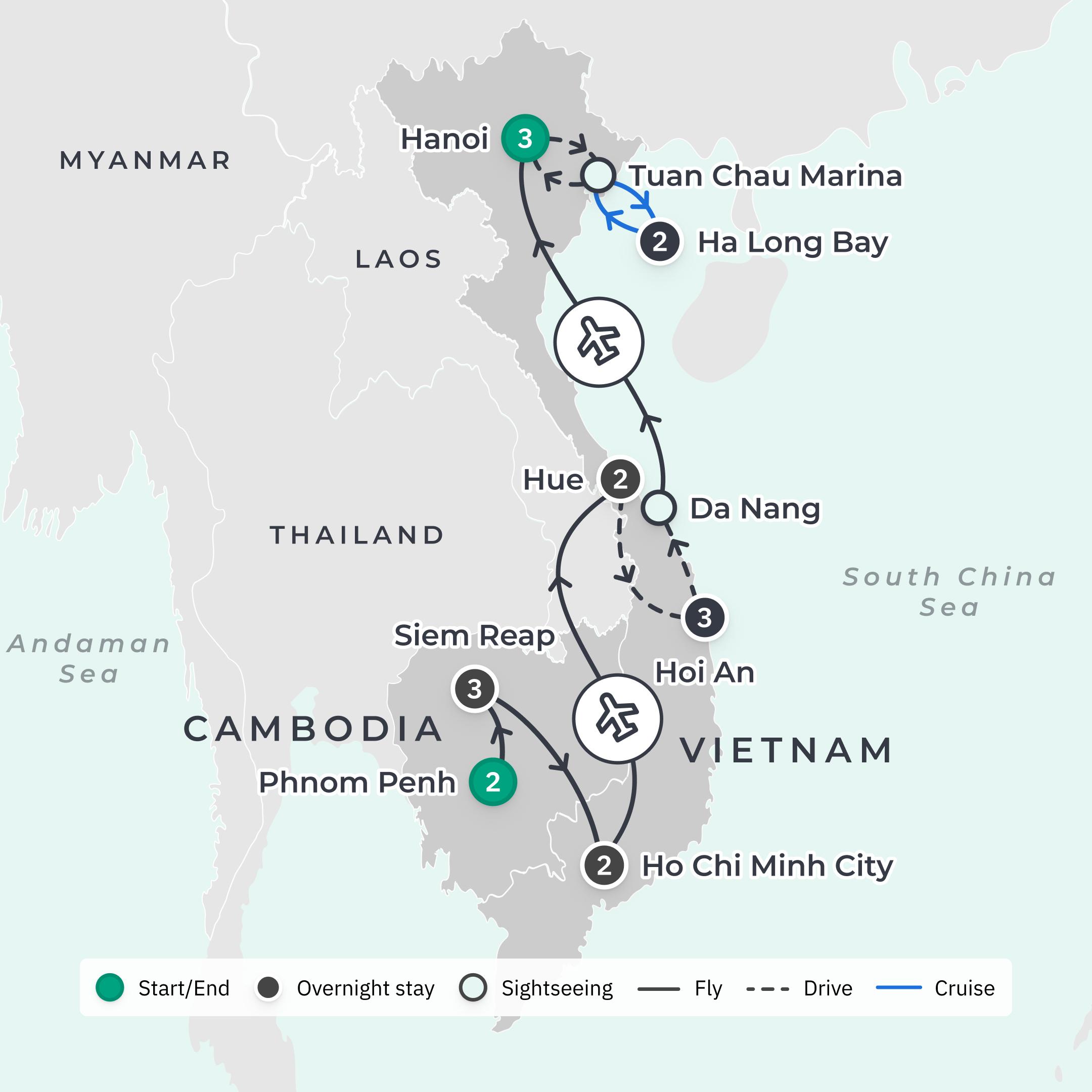 Premium 18-Day Vietnam & Cambodia Discovery with Hoi An, Ha Long Bay & Angkor Wat route map