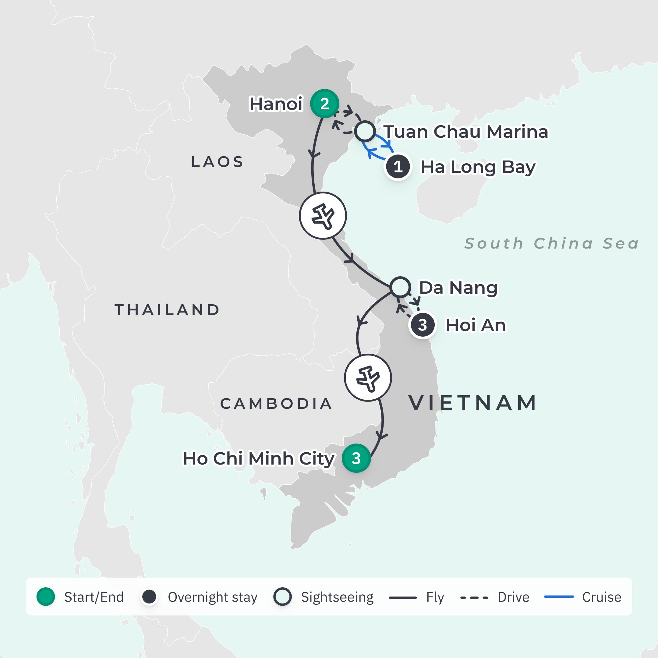 Deluxe 10-Day Vietnam Highlights with Ha Long Bay & Hoi An route map