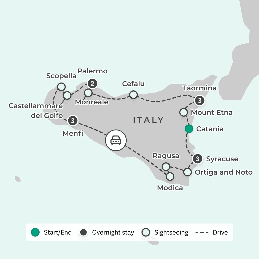 Premium 11-Day Sicily Discovery with Palermo, Taormina, Vineyard Estate Stay & Mount Etna route map