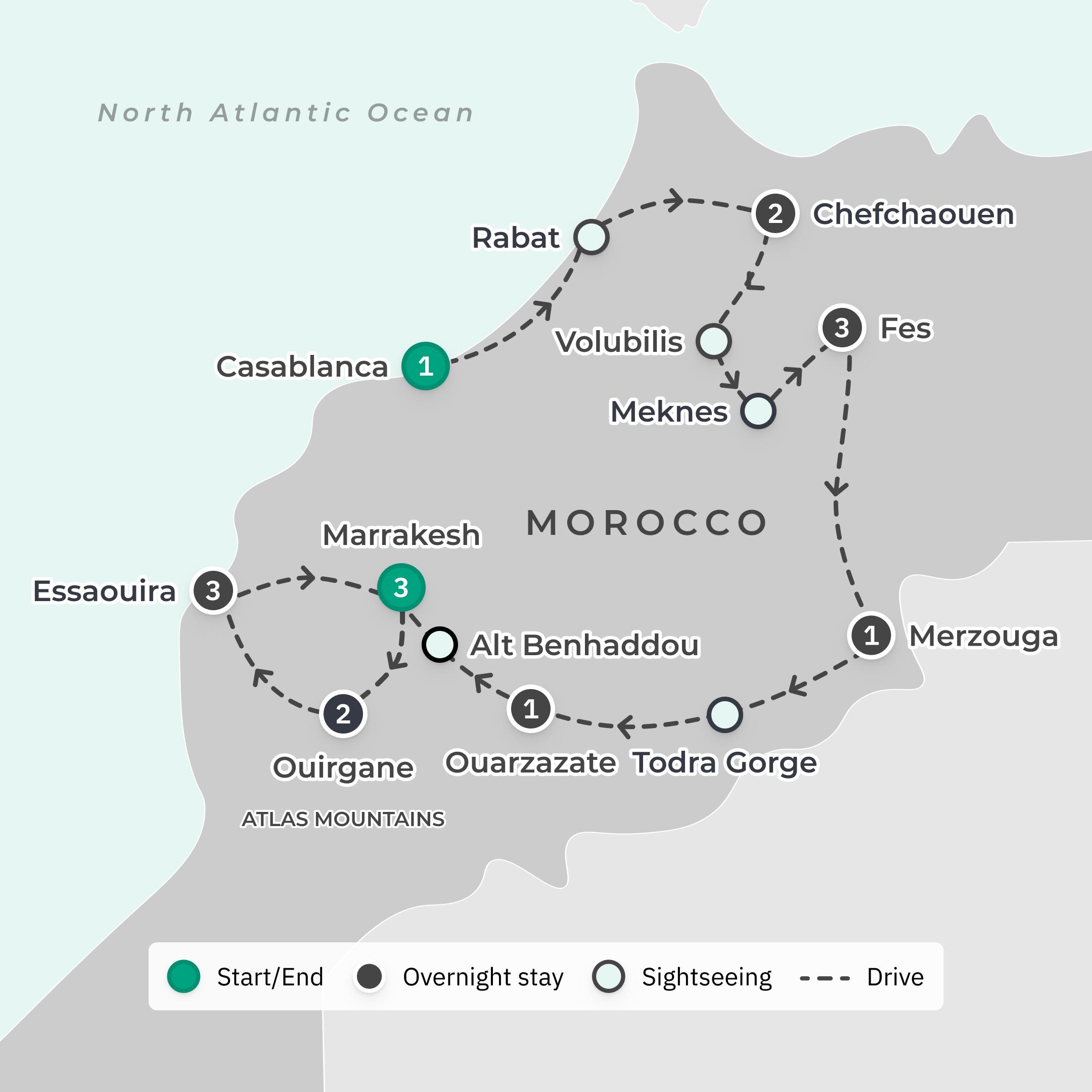 Deluxe 17-Day Ultimate Morocco 2026 with Chefchaouen, Atlas Mountains & Essaouira route map
