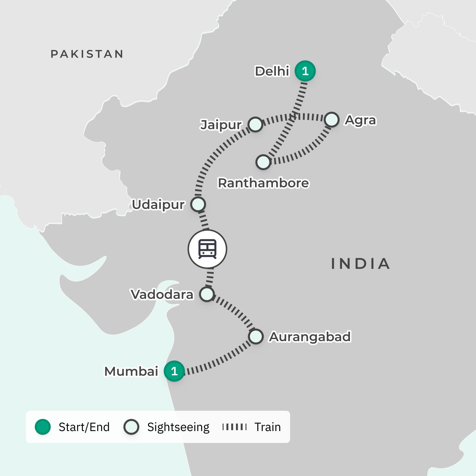 Delhi to Mumbai: Premium 10-Day India Iconic Deccan Odyssey Railway Tour with Ranthambore, Agra & Udaipur route map