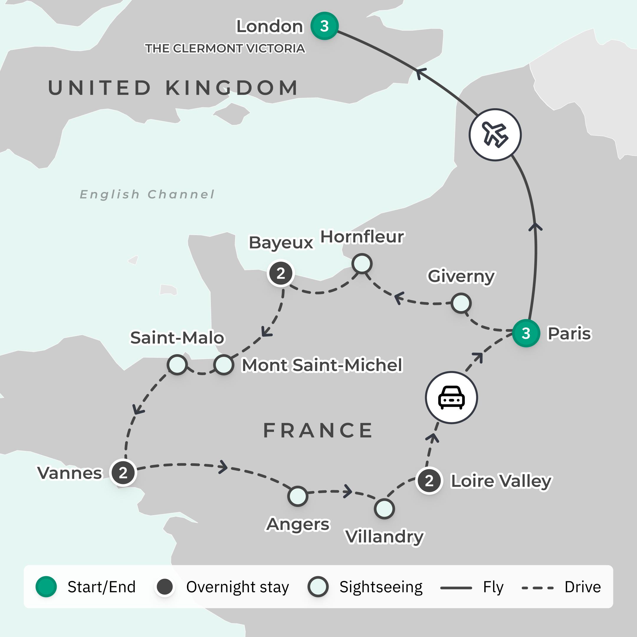 Limited Time Offer: 10-Day Northern France Tour with Normandy & Loire Valley + 3-Night The Clermont London Stay route map