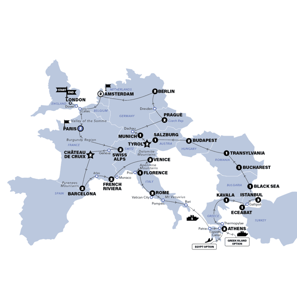 Ultimate European plus Greek Islands | Start London | 2026 route map