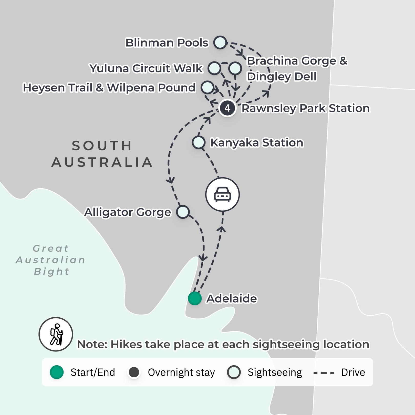 South Australia: Flinders Ranges and Wilpena Pound Adventure with Daily Guided Hikes route map