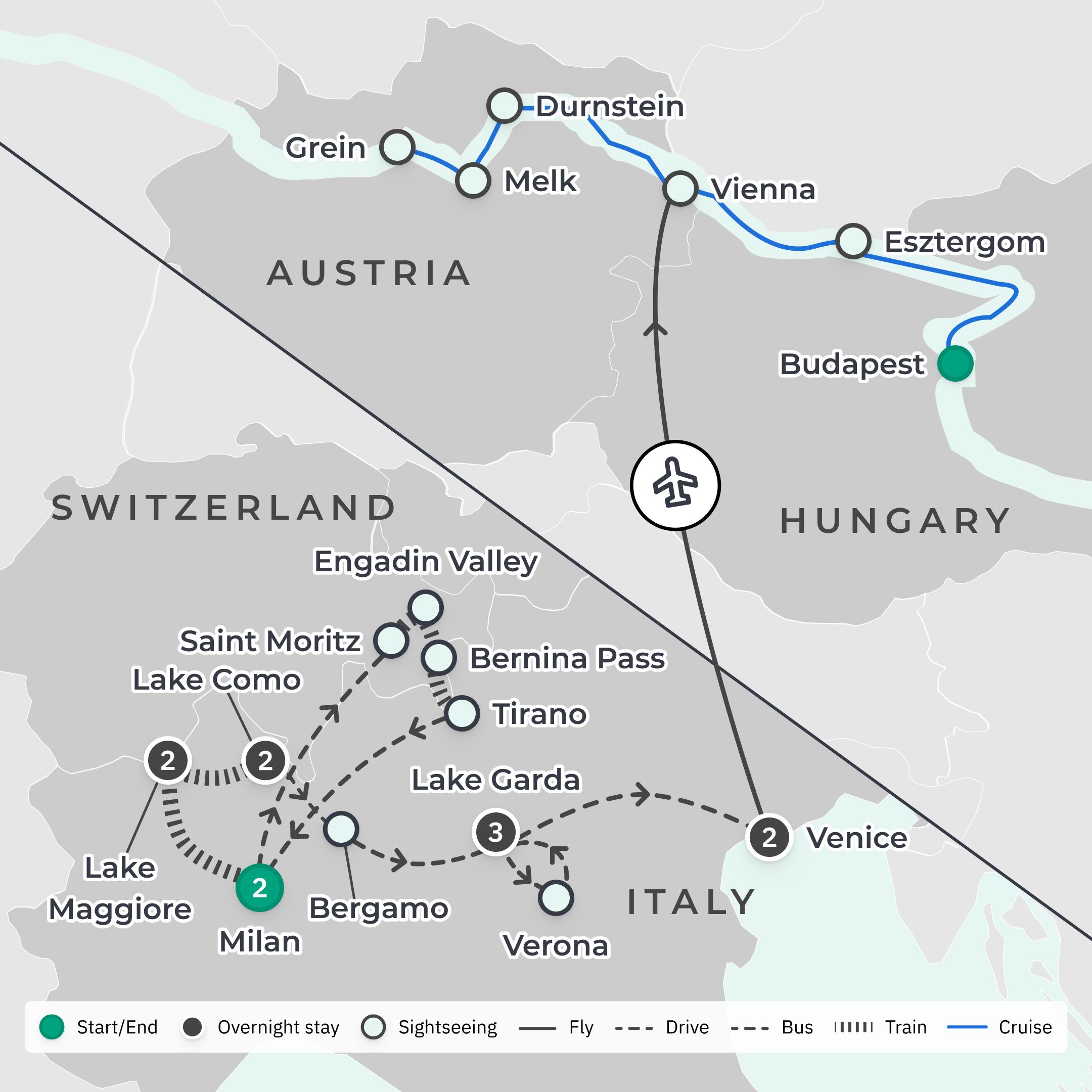 Limited Time Offer: 18-Day Italian Lakes, Swiss Rail Tour & All-Inclusive Riverside Luxury Danube Cruise  route map