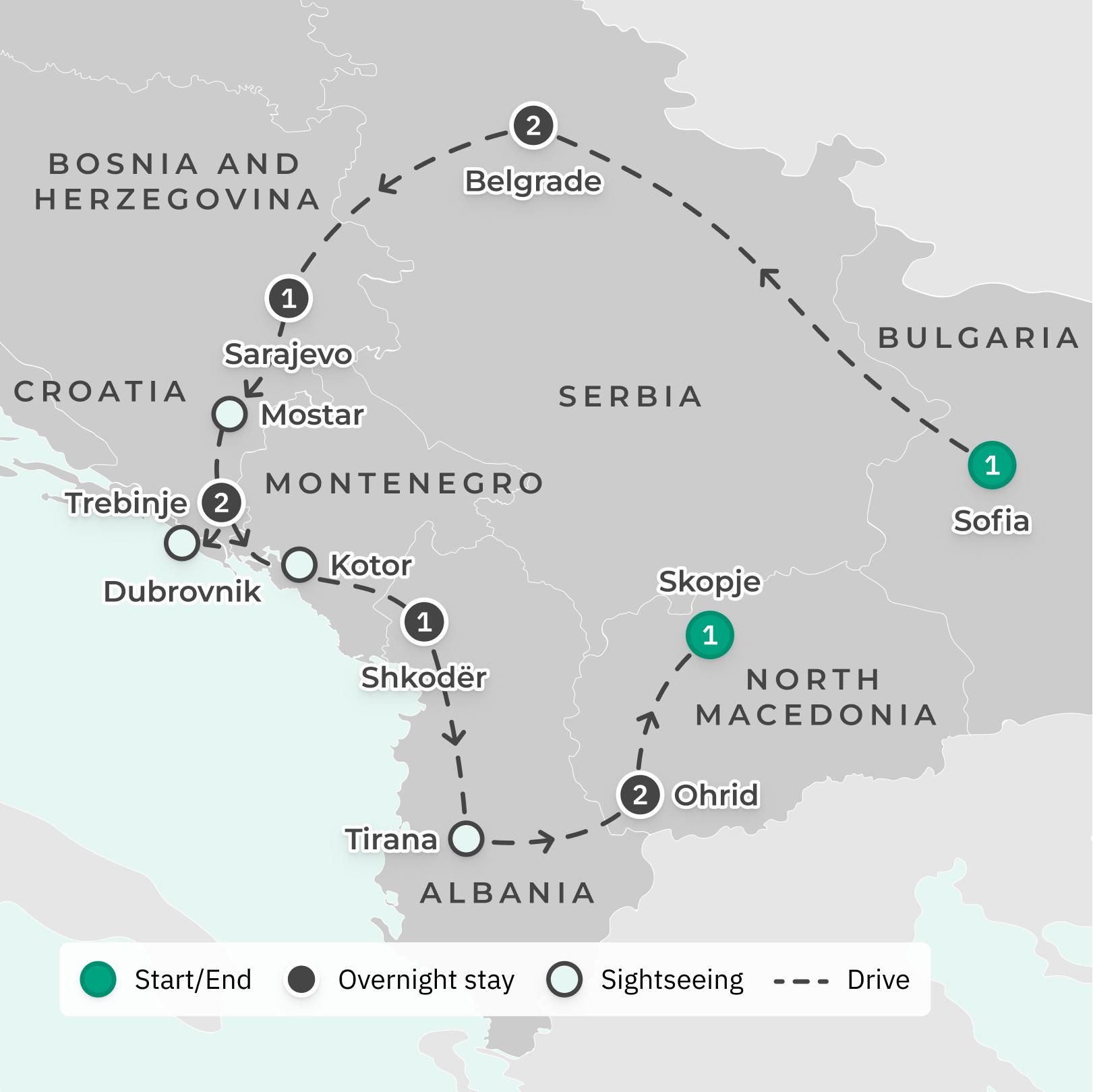 Best of the Balkans 2024 Small-Group Tour with Handpicked Stays, Daily Dining & Guided City Tours route map