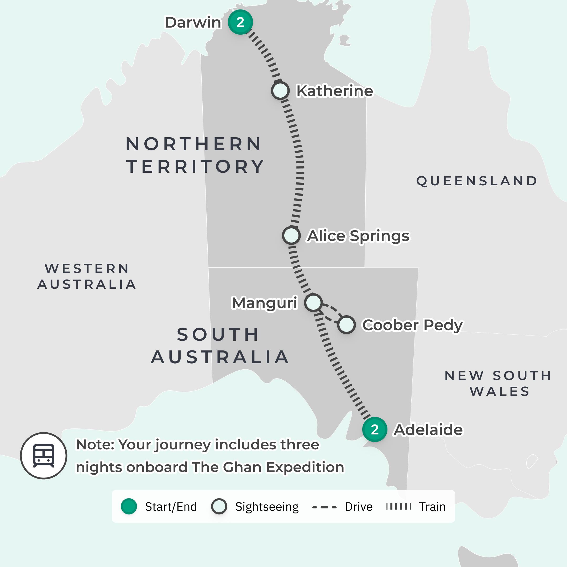 L’expédition emblématique The Ghan en Australie : voyage ferroviaire de 4 jours + 2 nuits à Darwin et à Adélaïde et croisière-dîner au coucher du soleil OFFERTE route map