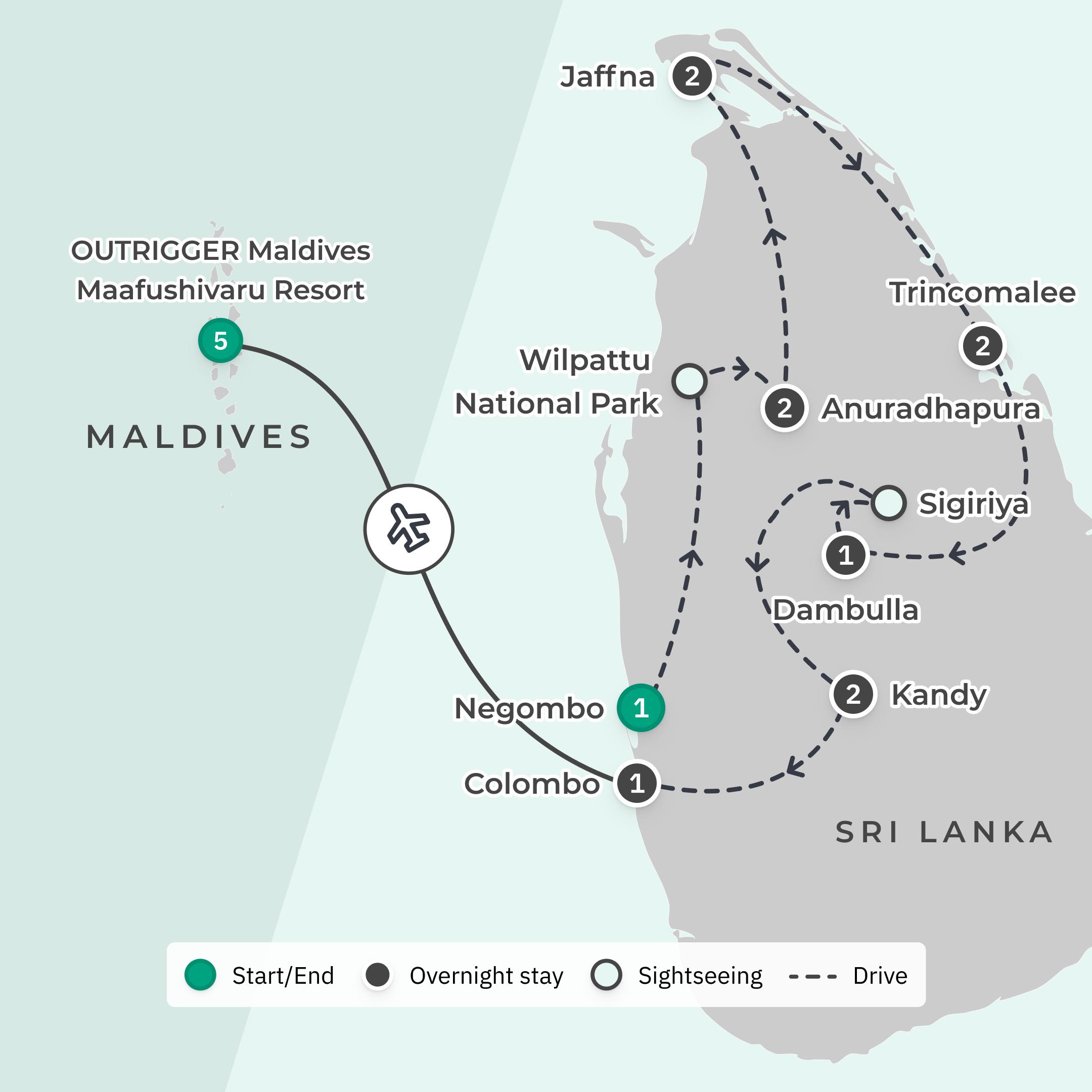 Limited Time Offer: 12-Day Northern Sri Lanka Discovery + 5-Night OUTRIGGER Maldives Overwater Villa Stay route map