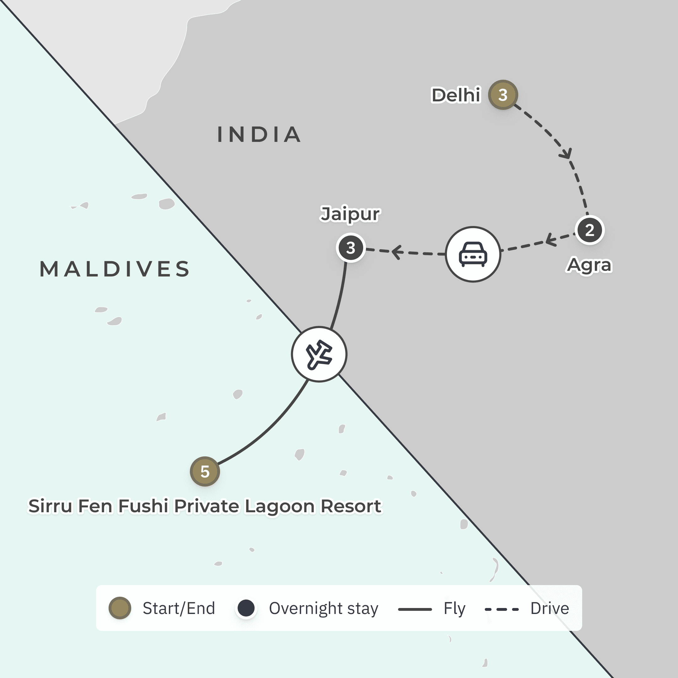Limited Time Offer: 9-Day India Golden Triangle Private Oberoi Tour + 5-Night All-Inclusive Maldives Resort Stay route map