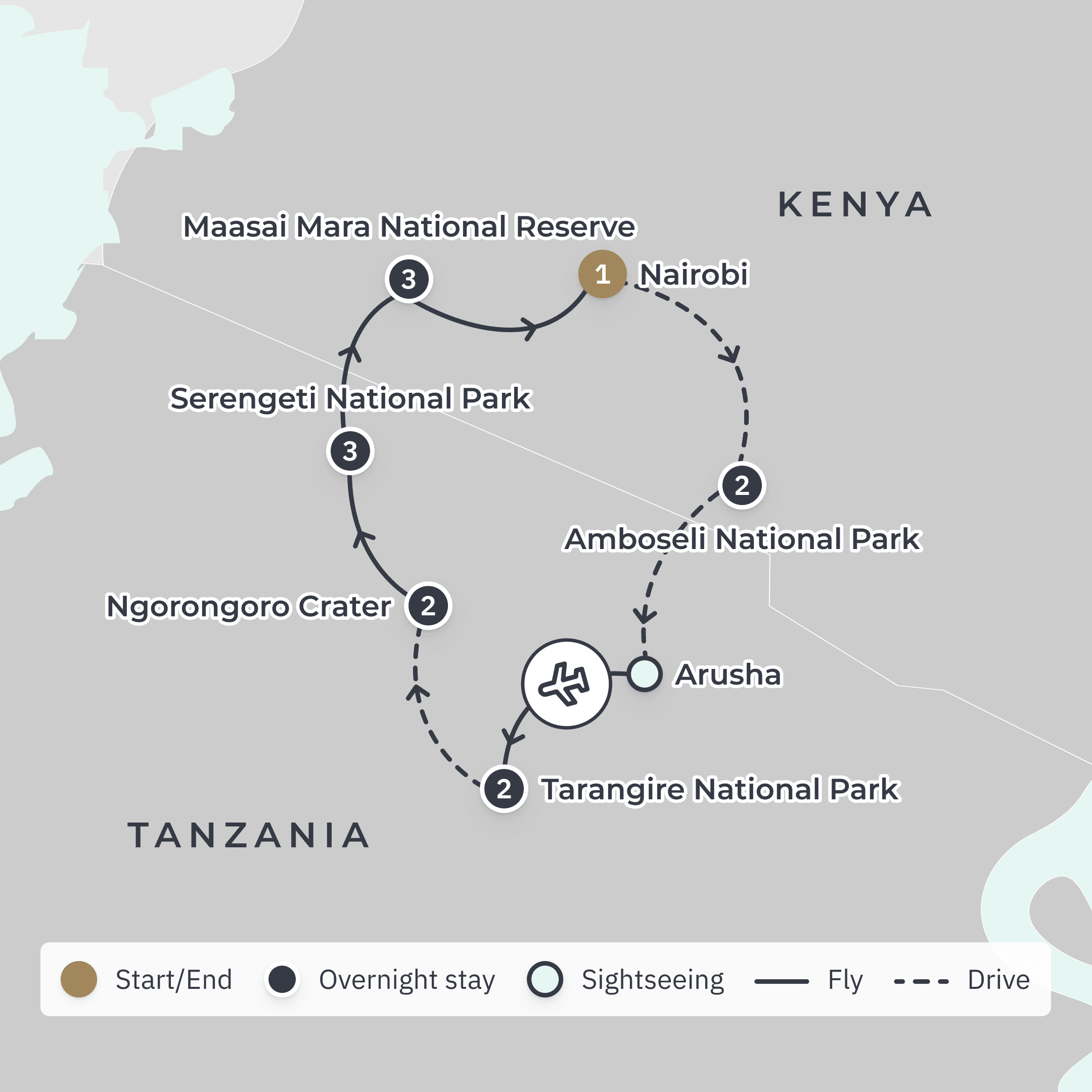 The Great Migration: Kenya & Tanzania Ultra-Lux Safari Tour with Exclusive  Eco-Lodge Stays & 'Big Five' Game Drives route map