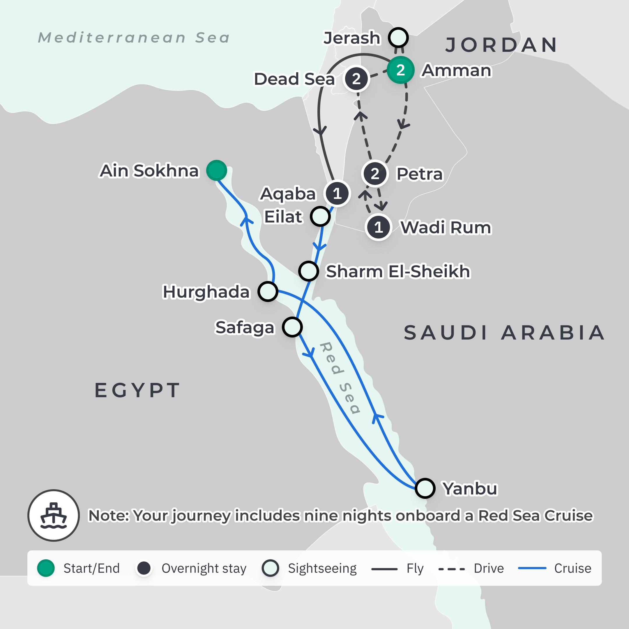 Limited Time Offer: 8-Day Premium Jordan Tour & 9-Night Emerald Luxury Yacht Red Sea Cruise route map