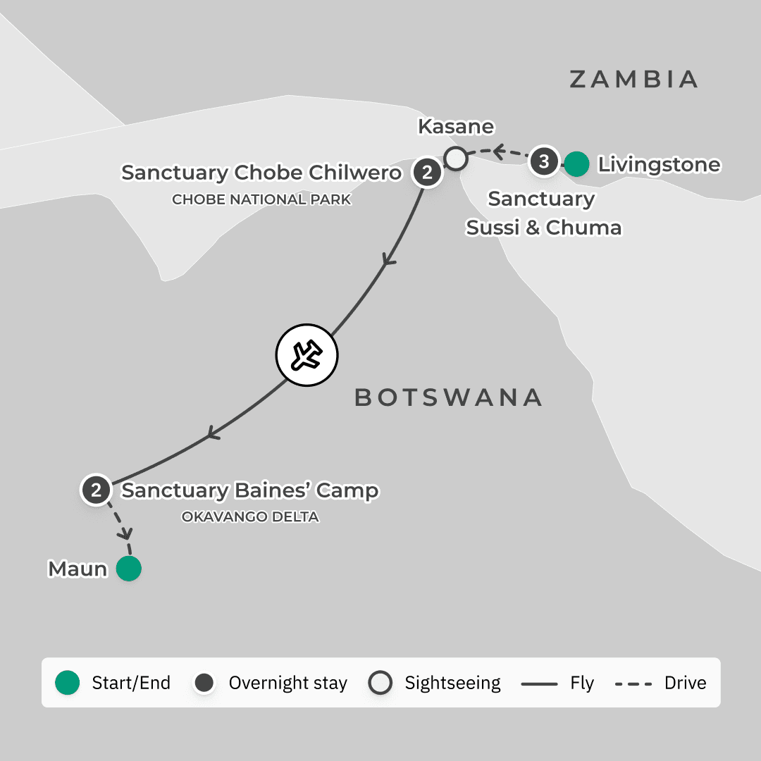 Ultra Lux 8-Day Zambia & Botswana Private Safari with Victoria Falls' Sanctuary Sussi & Chuma route map