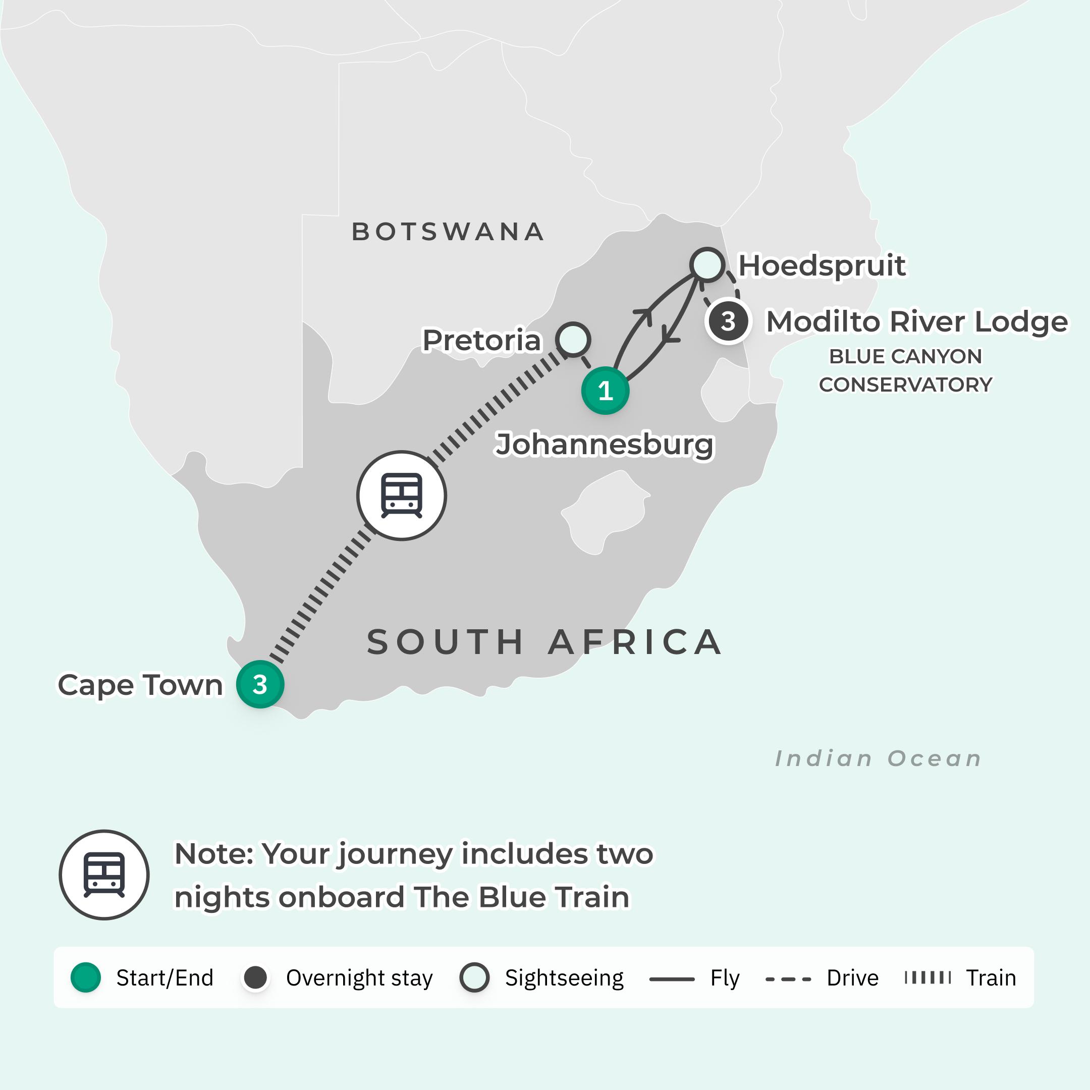 Premium 10-Day South Africa Blue Train Rail Tour with Cape Town, Cape Winelands & Kruger Safari route map