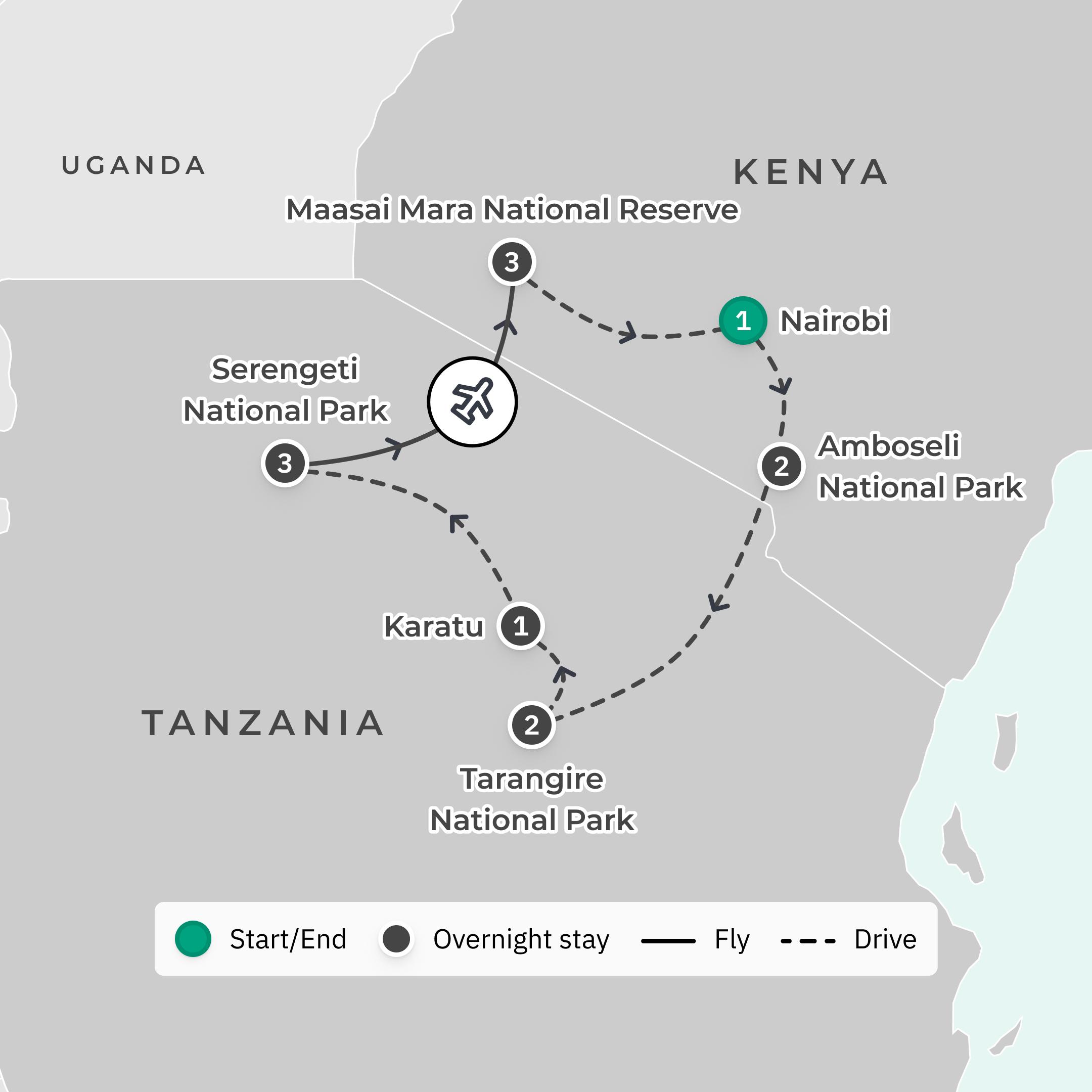 Deluxe 13-Day Kenya & Tanzania Great Migration Safari 2026 with Maasai Mara & Serengeti National Parks route map