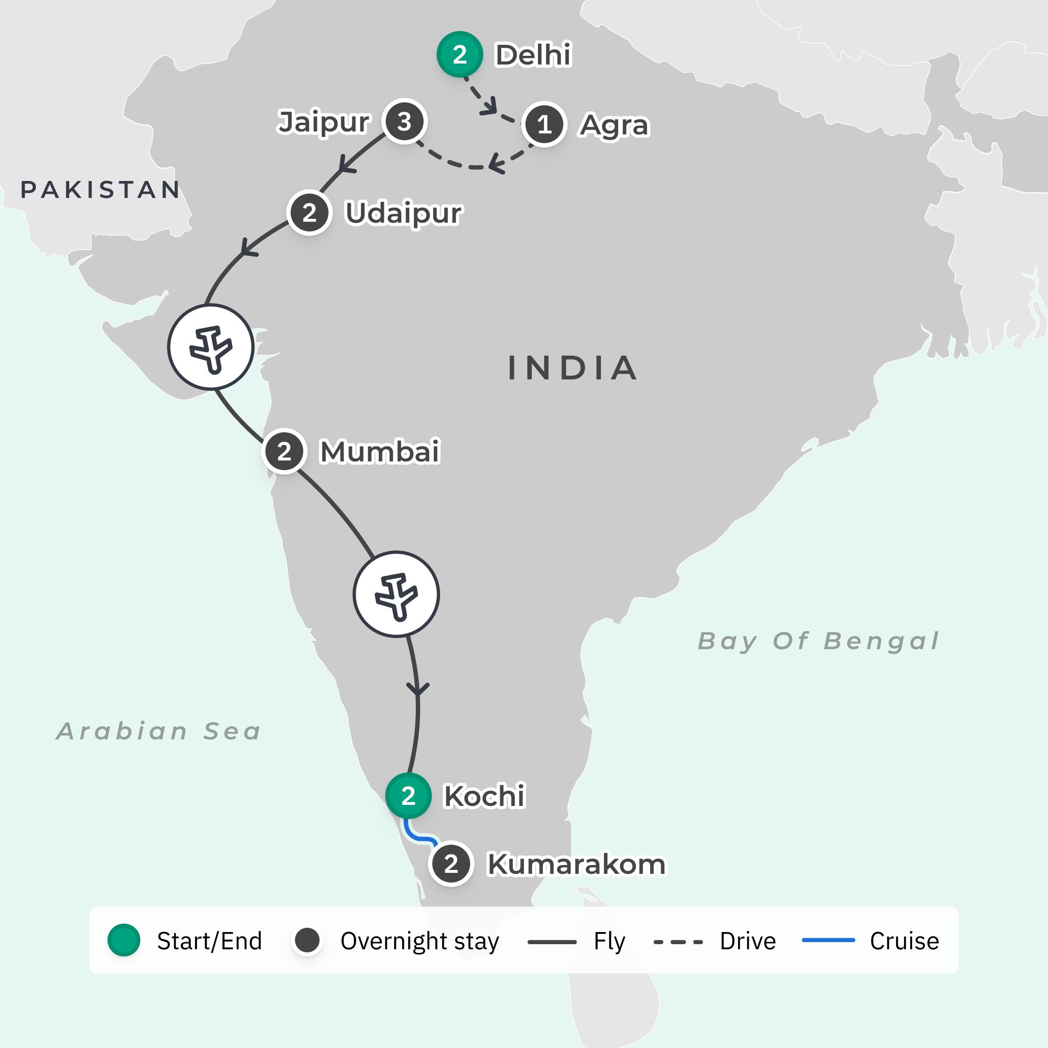 Premium 15-Day Ultimate India with Golden Triangle, Rajasthan & South India route map