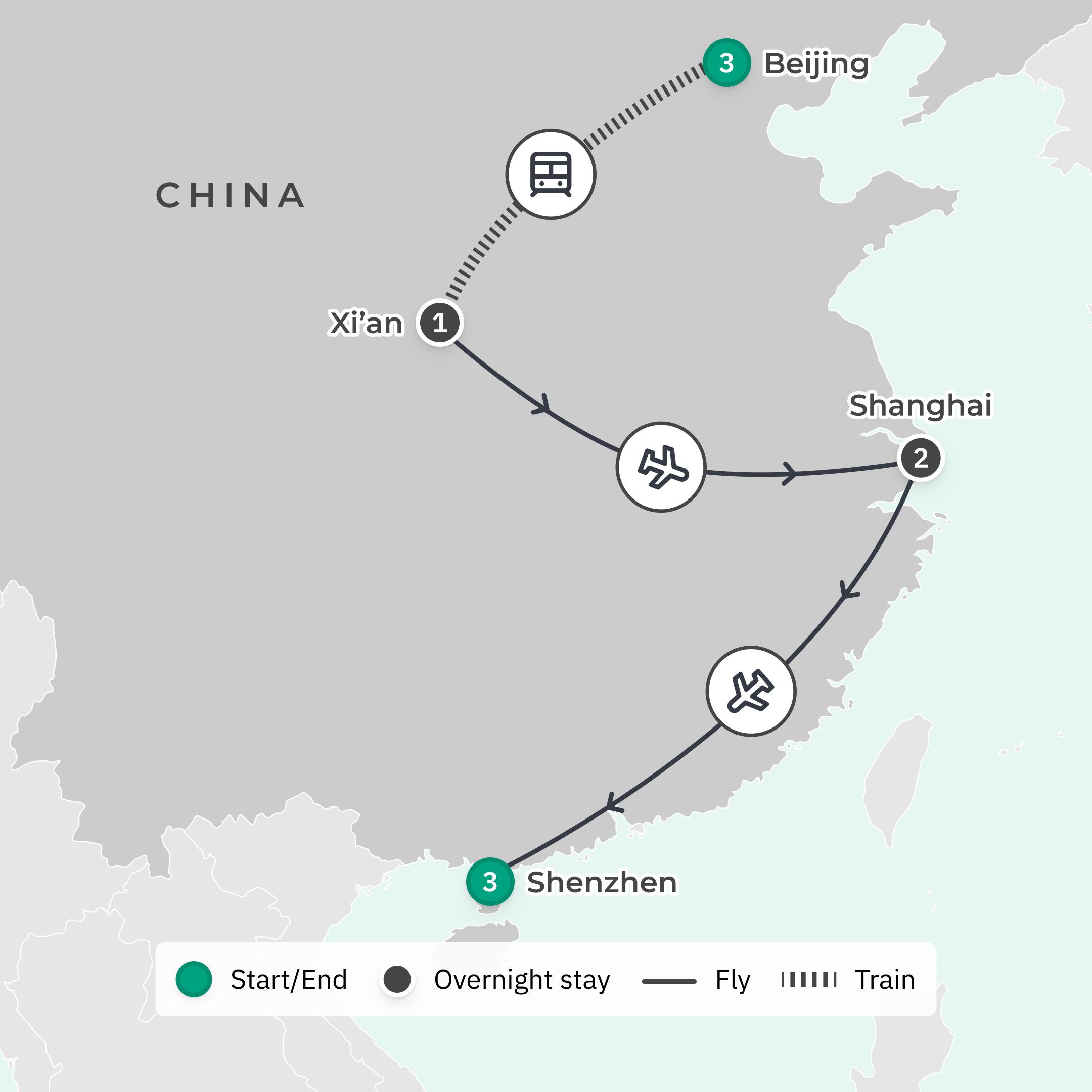 Limited Time Offer: 7-Day Best of China Tour with Great Wall & Bullet Train + 3-Night Shenzhen Shangri-La Stay route map