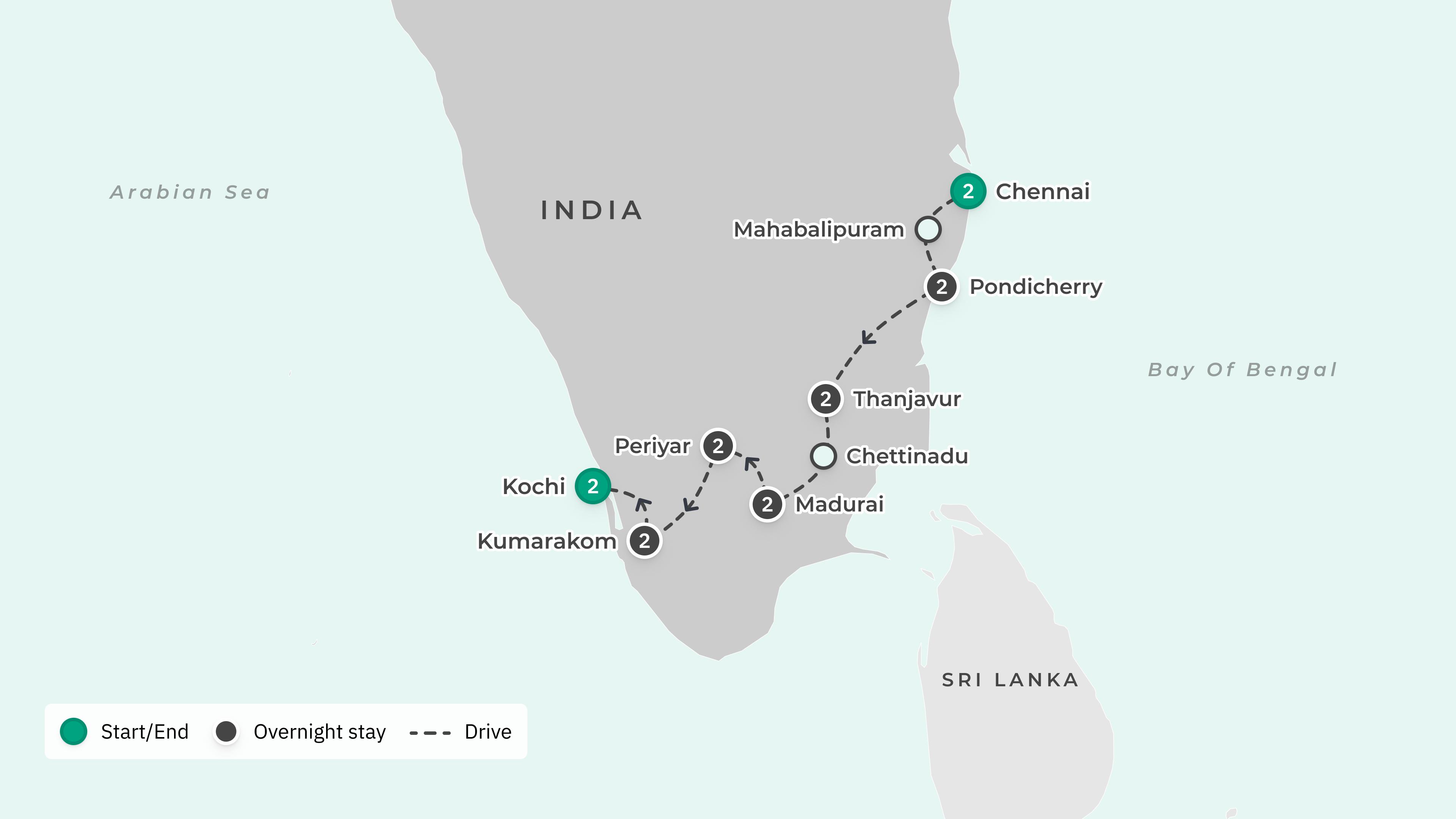 Insider Series: Premium 15-Day Southern India Highlights with Foodie Experiences Co-Curated by Matt Preston route map