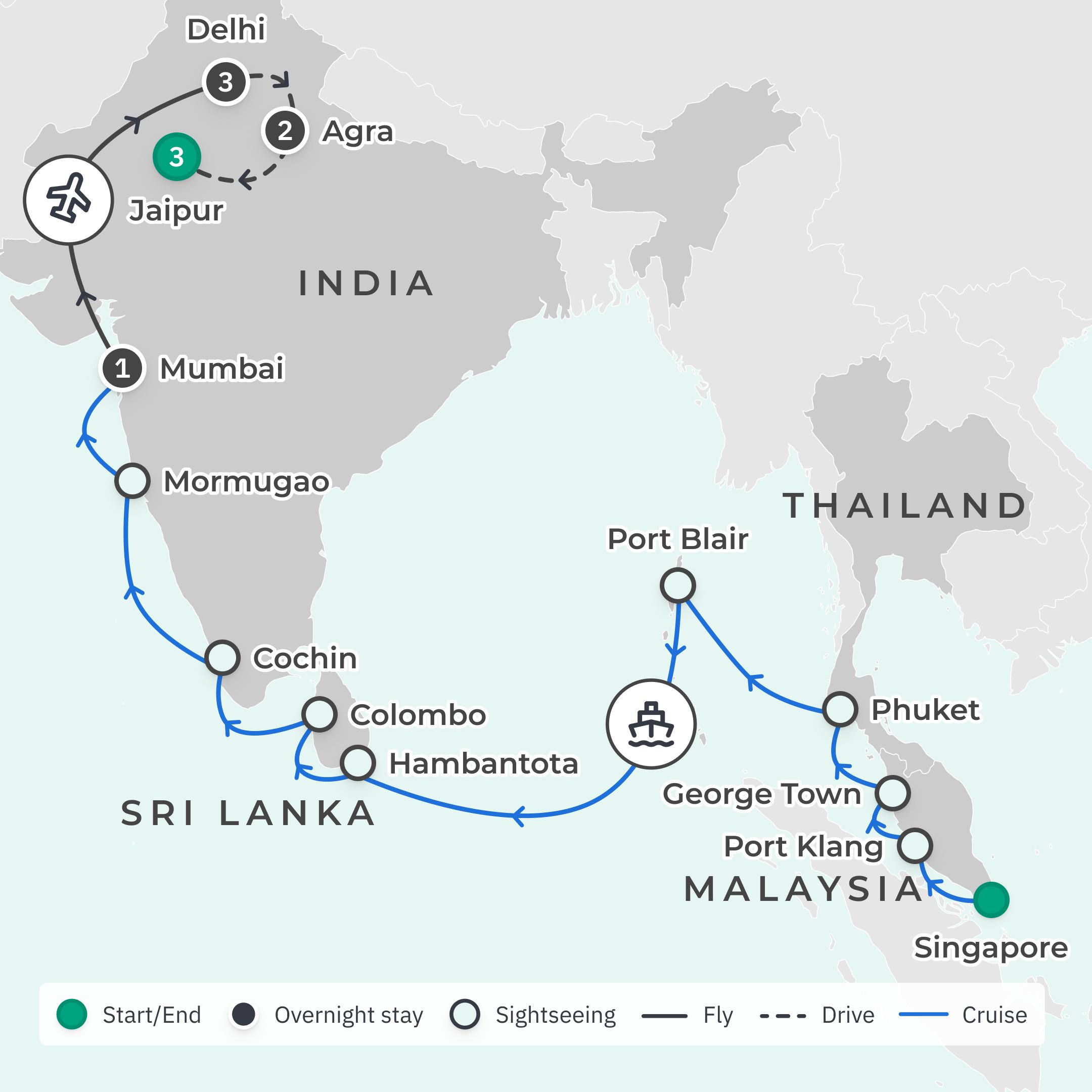 Limited Time Offer: Ultra Lux 15-Night Crystal Serenity Cruise from Singapore to Mumbai + 9-Day India Private Oberoi Tour route map