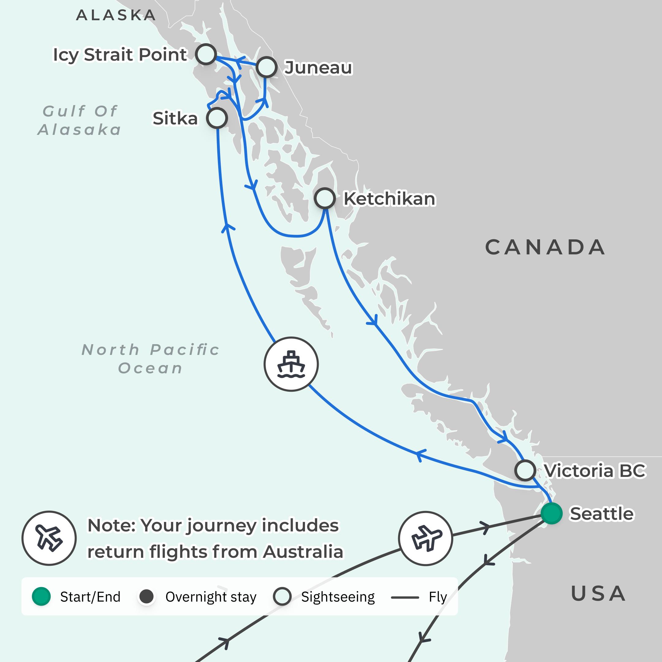 Alaska Highlights Cruise with All-Inclusive Dining, Free-Flow Drinks & Return International Flights route map