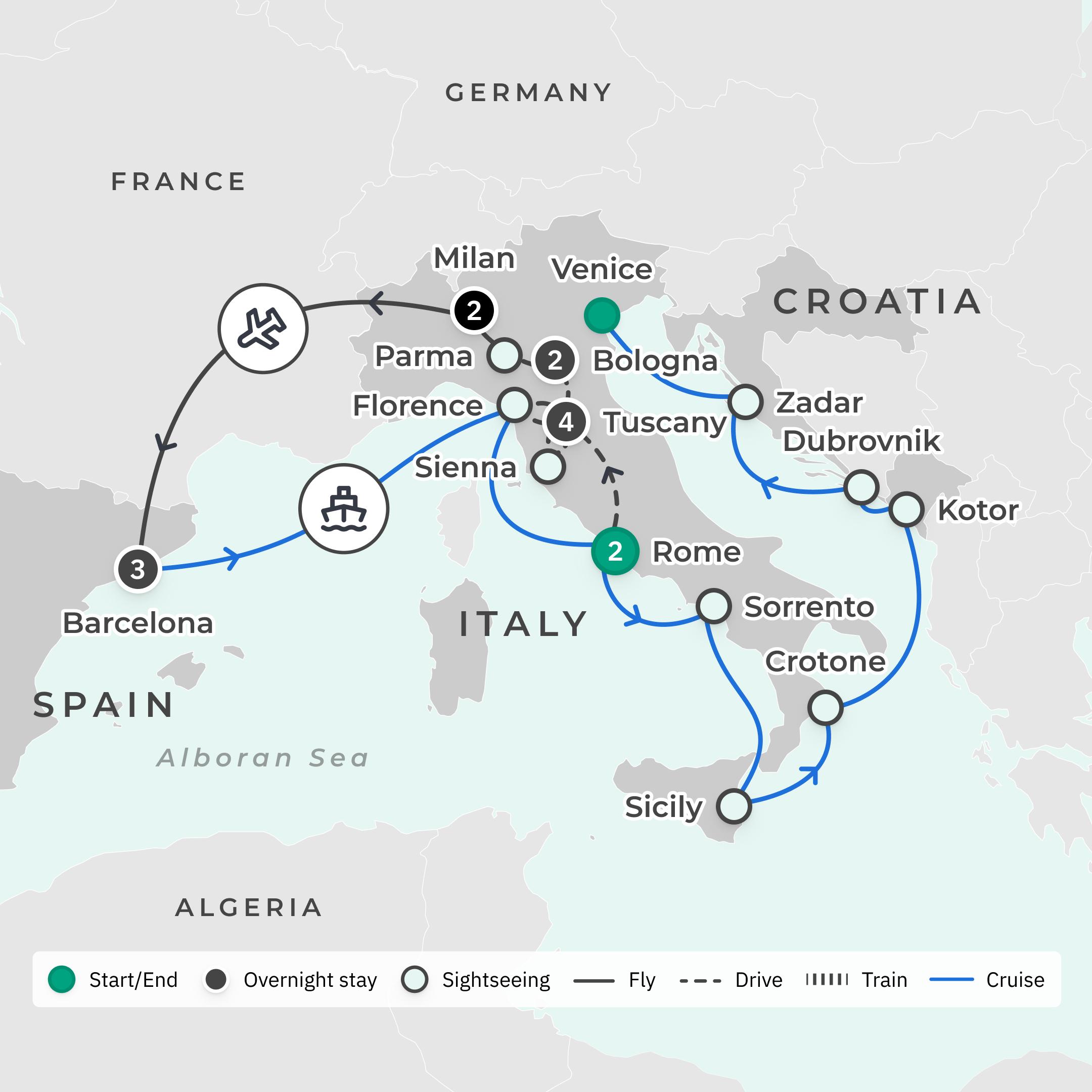 Limited Time Offer: 11-Day Italy Foodie Insider Series Tour + 3-Nights in Barcelona + 10-Night All-Inclusive Azamara Cruise route map