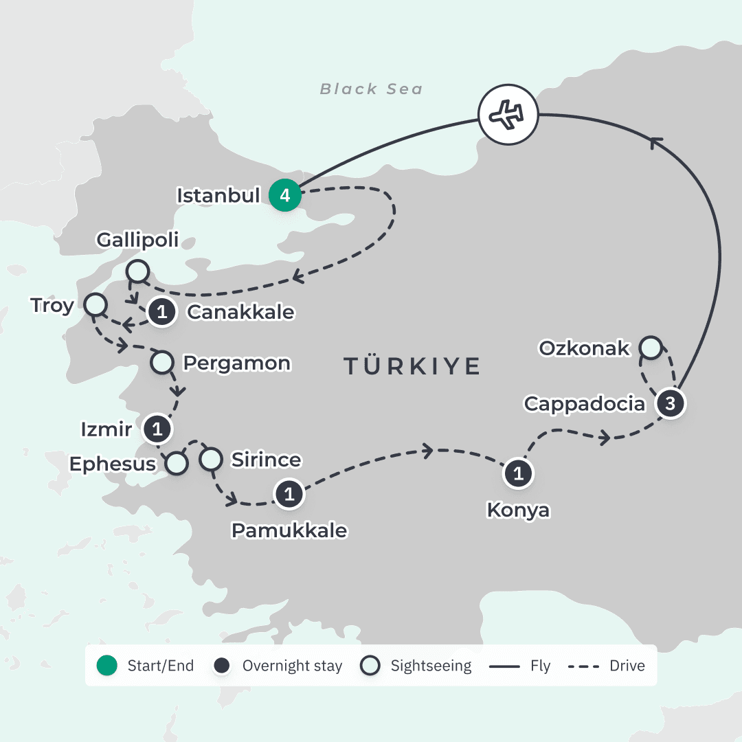 Deluxe 12-Day Turkiye Highlights 2026 with Cappadocia, Gallipoli & Ephesus route map