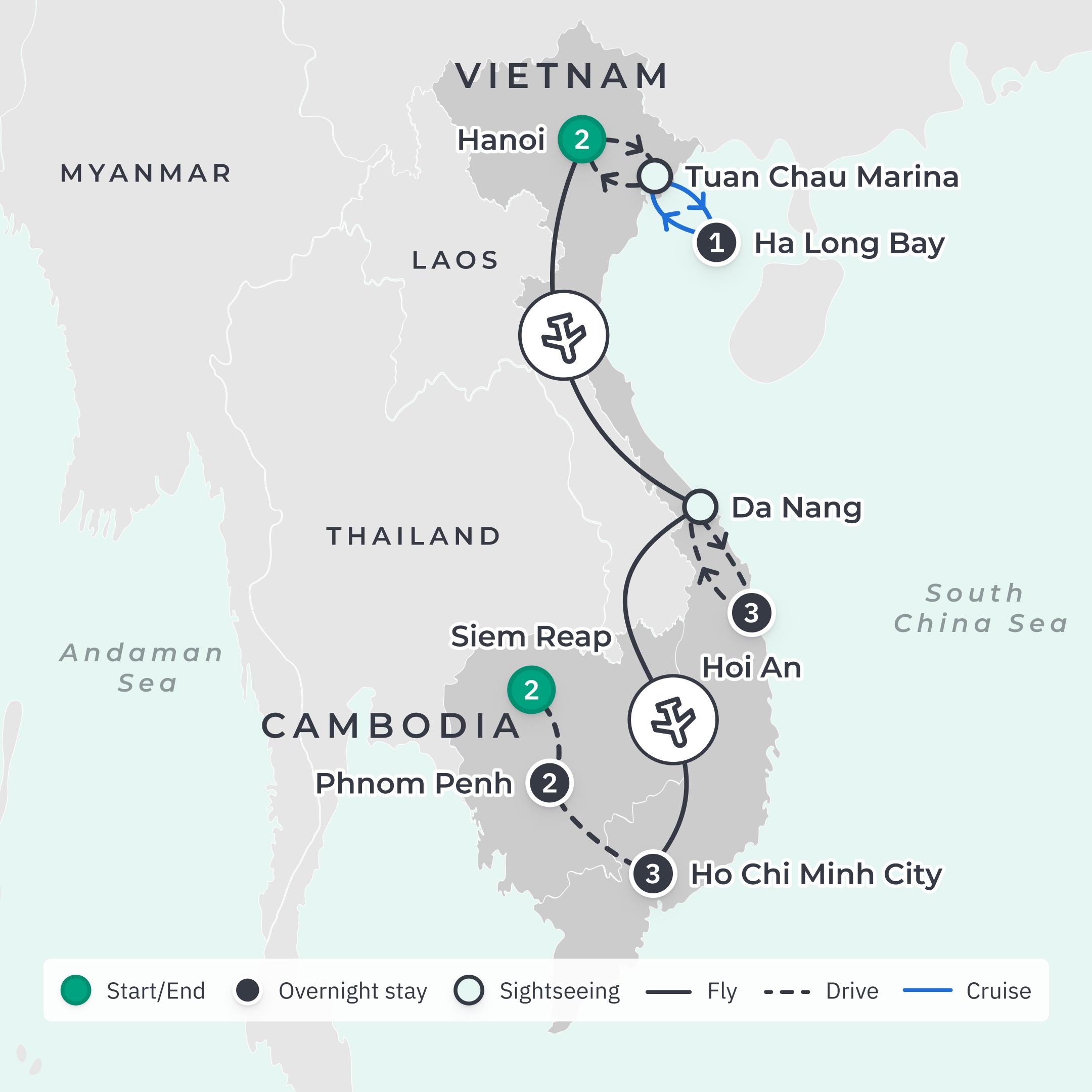 Deluxe 14-Day Vietnam & Cambodia Discovery 2026 with Hoi An, Ha Long Bay & Siem Reap route map