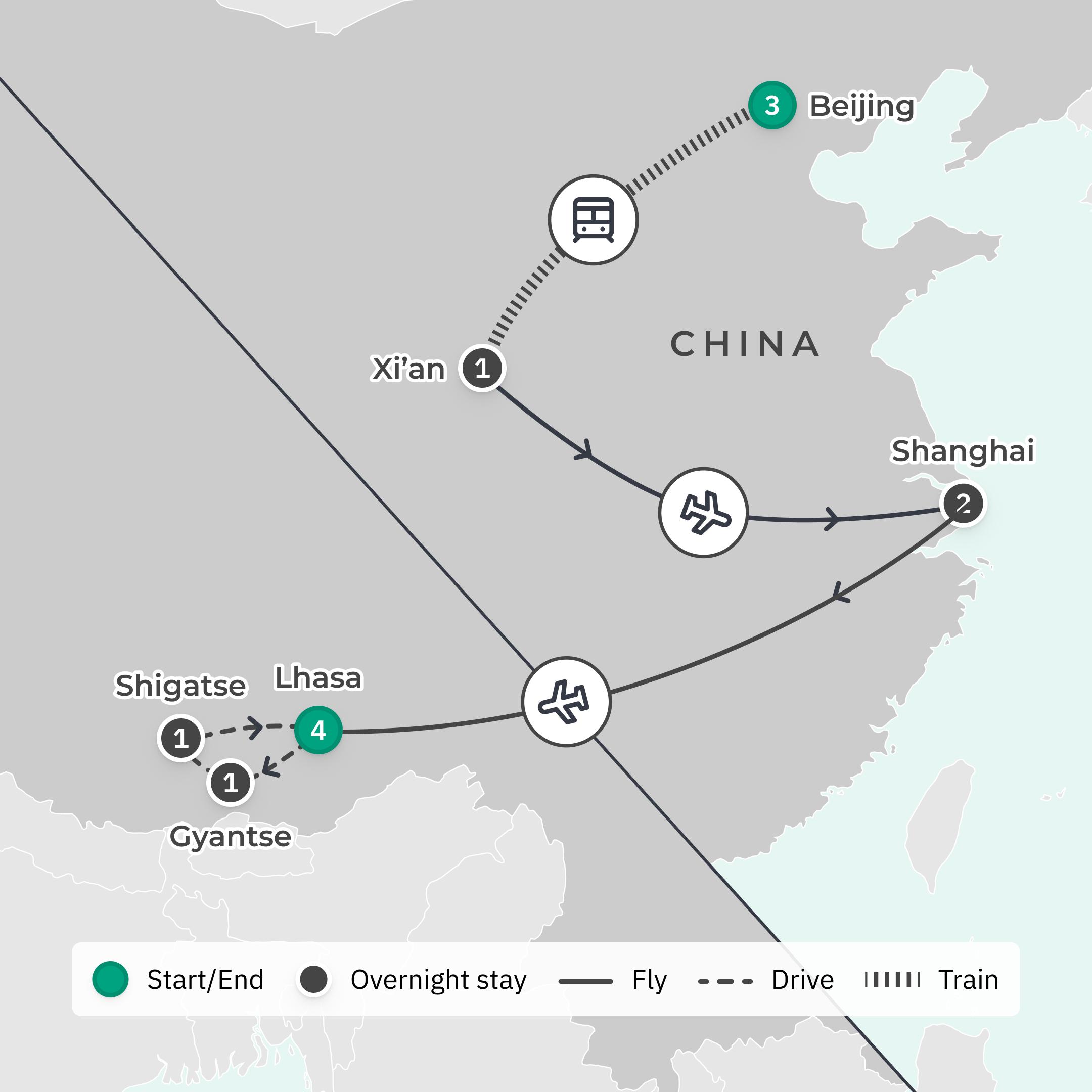 Premium 13-Day China & Tibet Adventure from the Great Wall to Potala Palace in Luxury route map