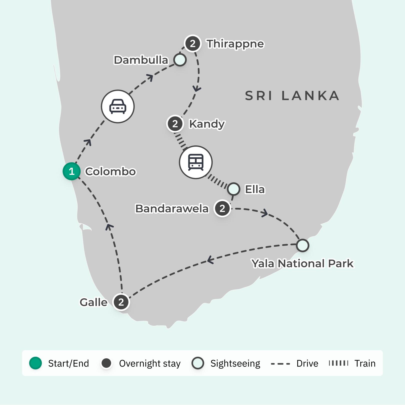 Sri Lanka Highlights with Luxury Stays, Gem Factory Tour & Tea Harvesting route map