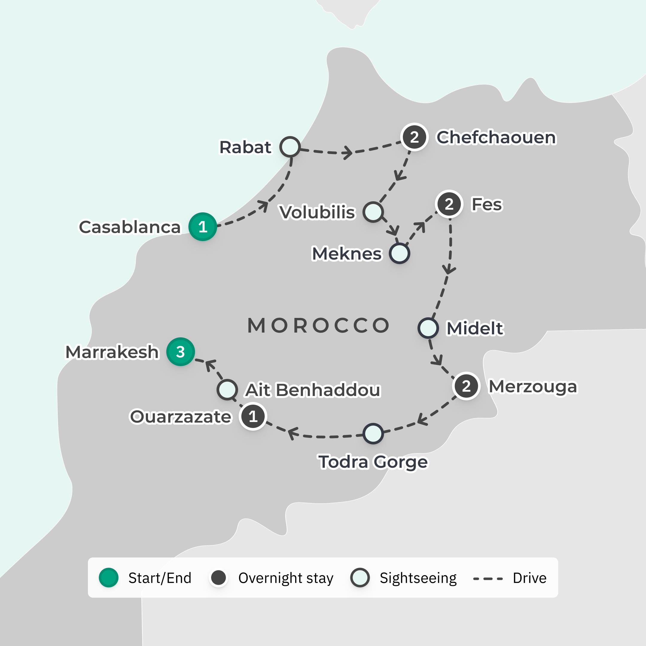 Premium 12-Day Morocco Highlights 2027 with Relais & Châteaux Riad Stay, Chefchaouen & Sahara Desert route map