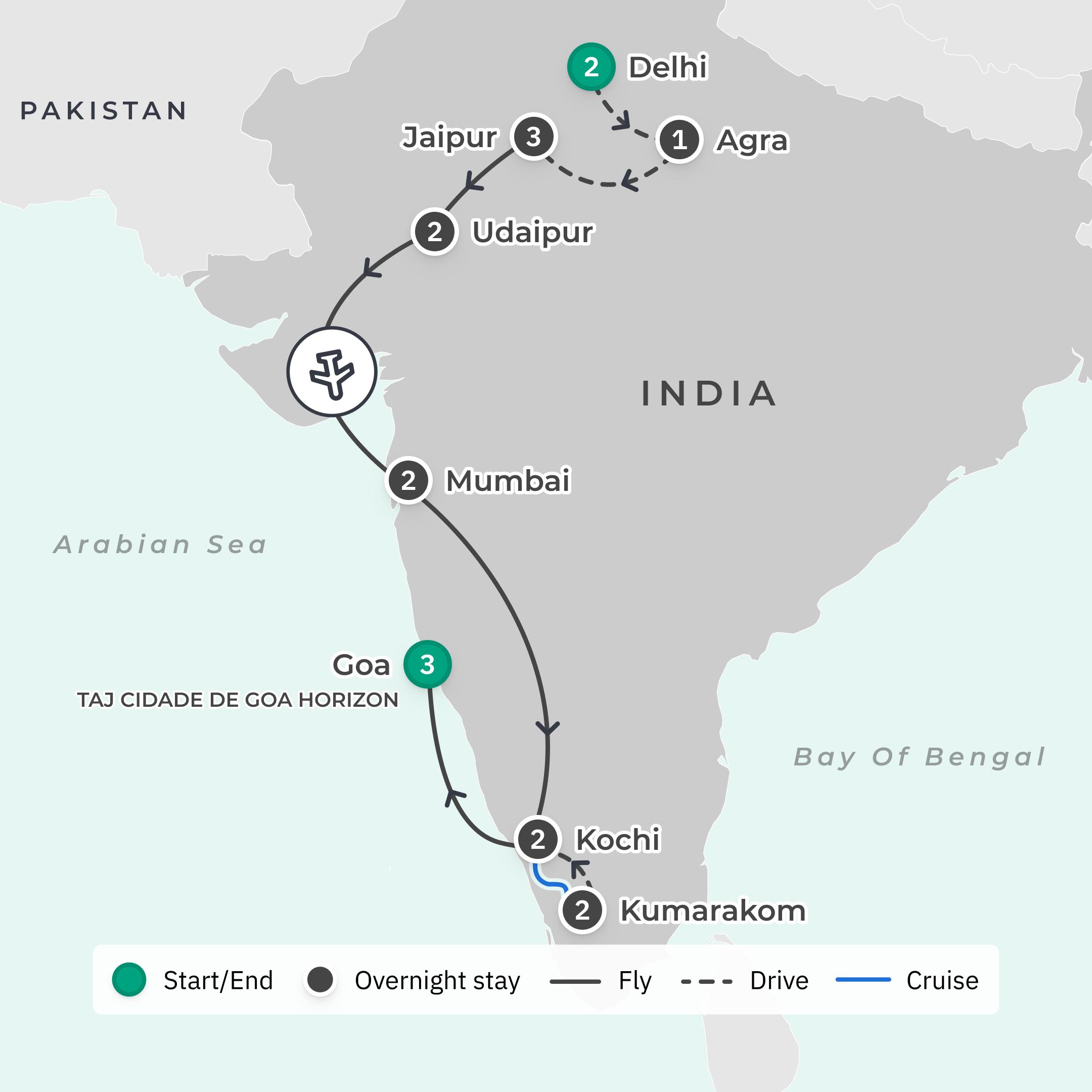Limited Time Offer: Premium 15-Day Ultimate India with BONUS 3-Night Taj Cidade Goa Extension route map