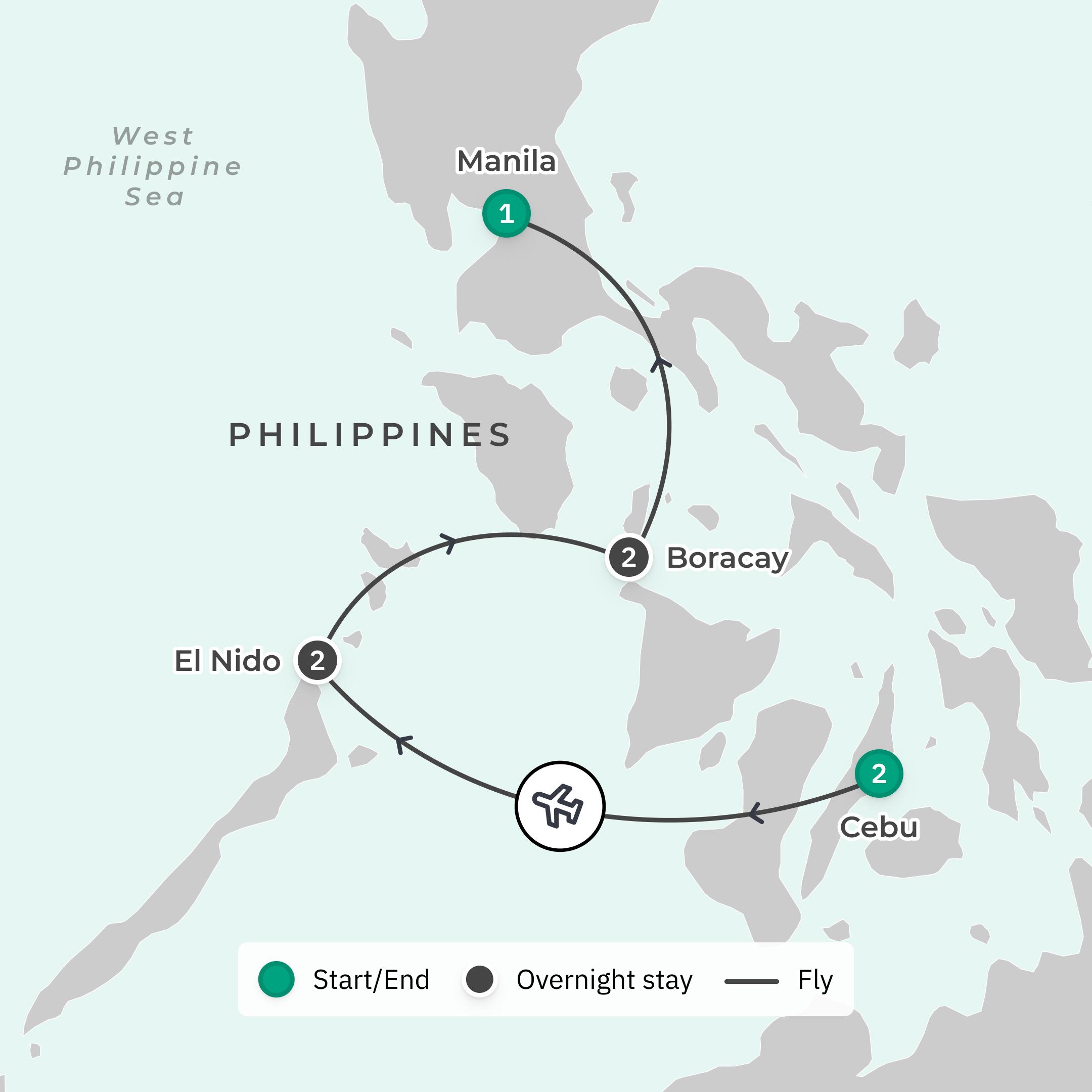 8-Day Philippines Island-Hopping Private Tour with Shangri-La Stays, Cebu Food Tour & Private Island Stay route map