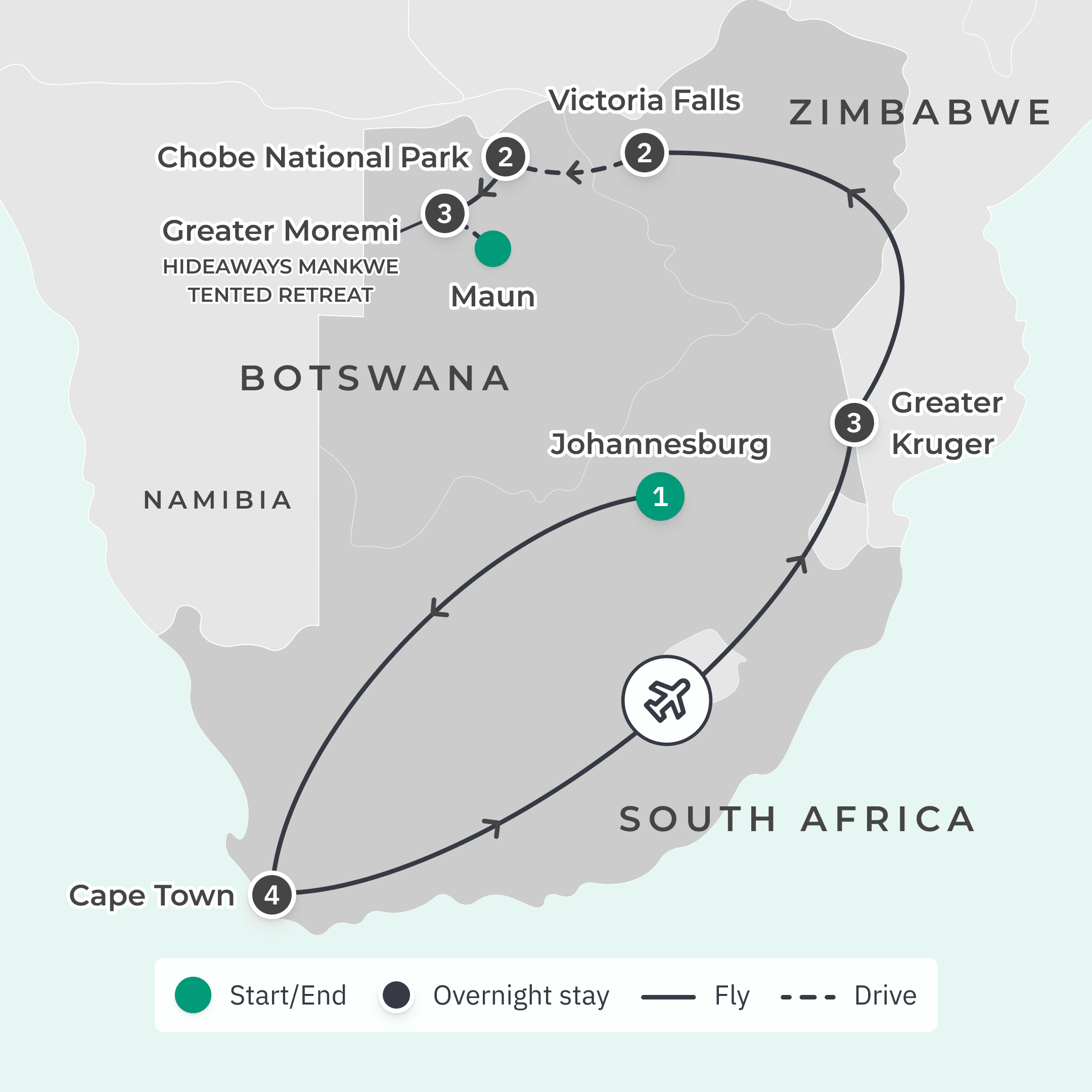 Limited Time Offer: 13-Day Best of Southern Africa + 3-Night All-Inclusive Greater Moremi Safari route map