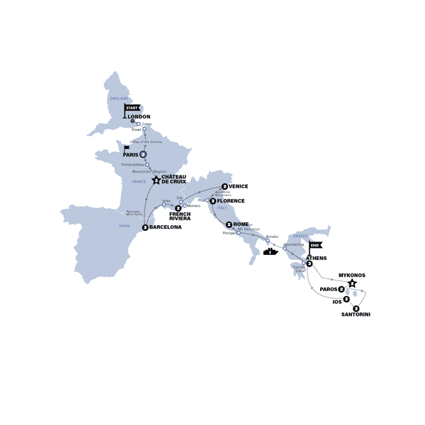 London to Athens with Greek Island Hopping, Start Paris, End Athens, Season 2027 route map