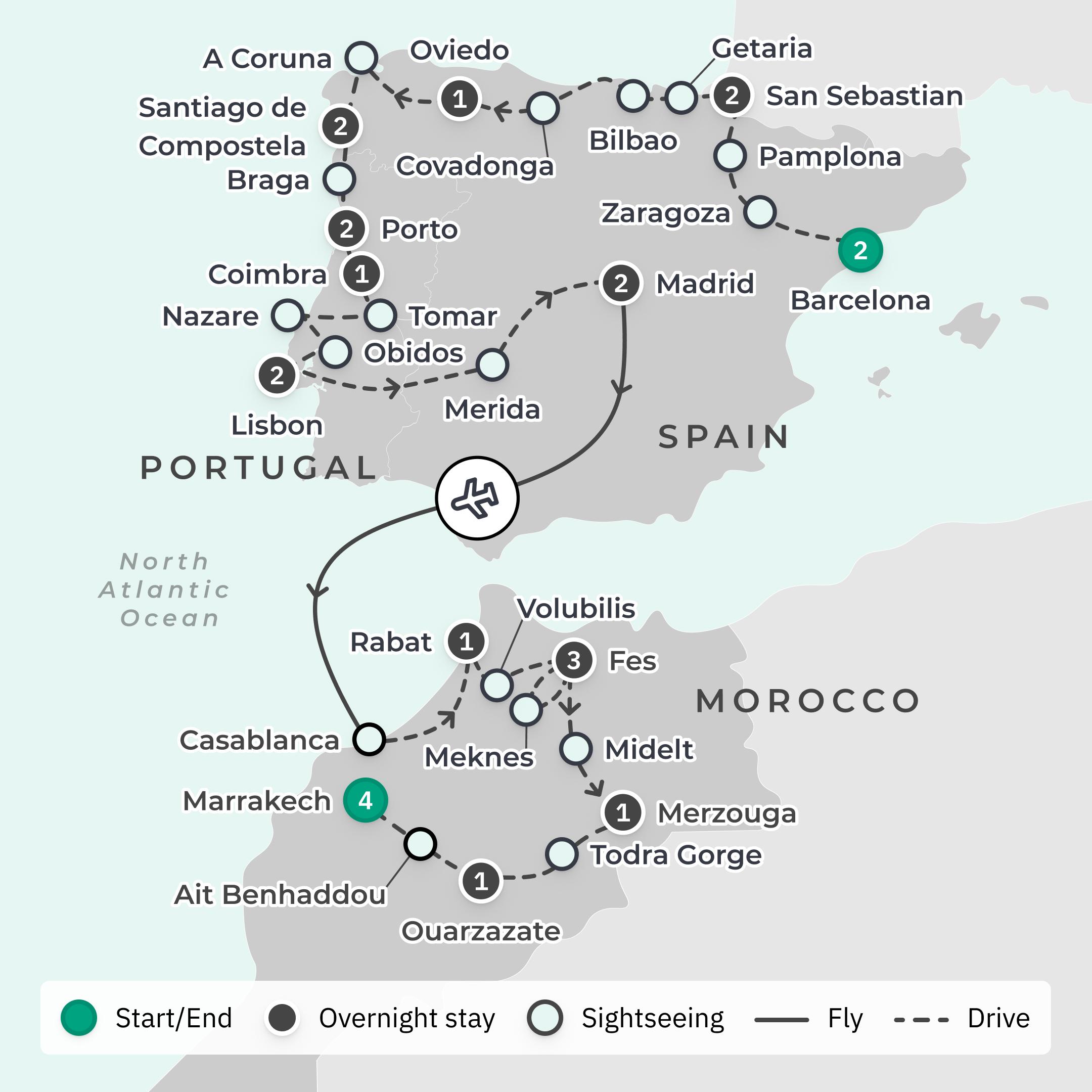 Limited Time Offer: 23-Day Northern Spain, Portugal & Morocco Discovery + 2-Night The Oberoi Marrakech Stay route map