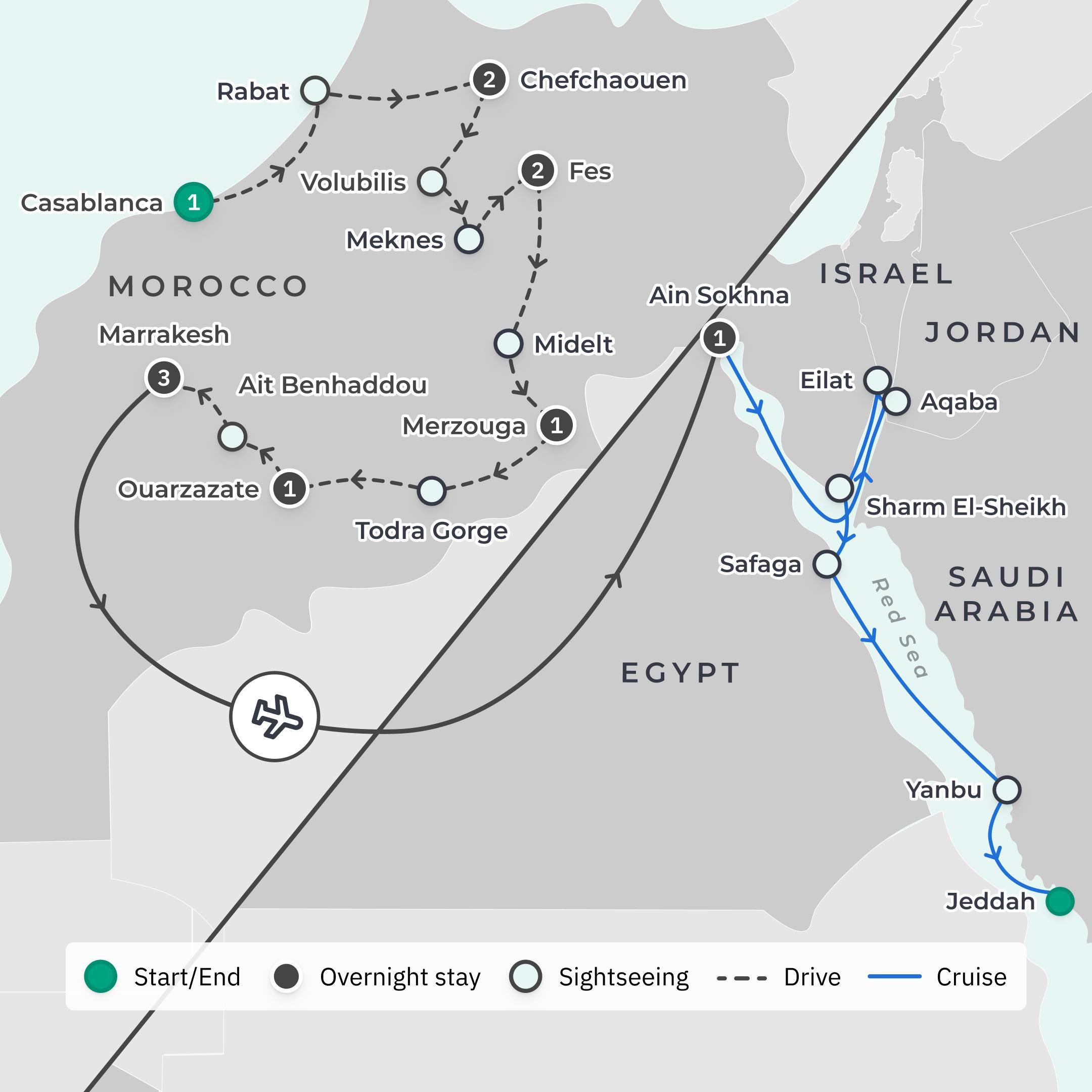 Limited Time Offer: 11-Day Premium Morocco Highlights + 10-Night Emerald Luxury Yacht Egypt to Saudi Cruise route map