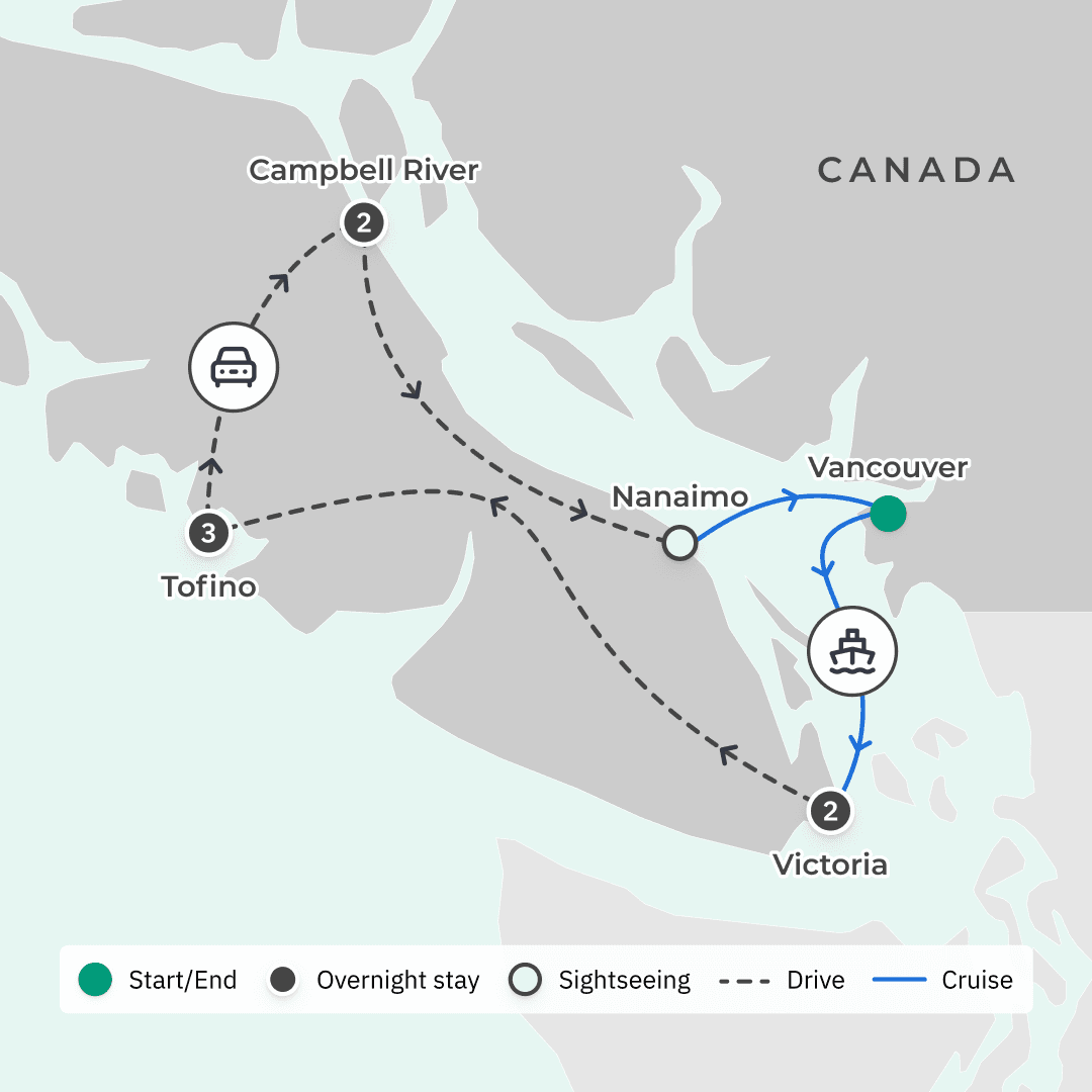 8-Day Best of Vancouver Island Tour with Victoria, Tofino & Campbell River  route map