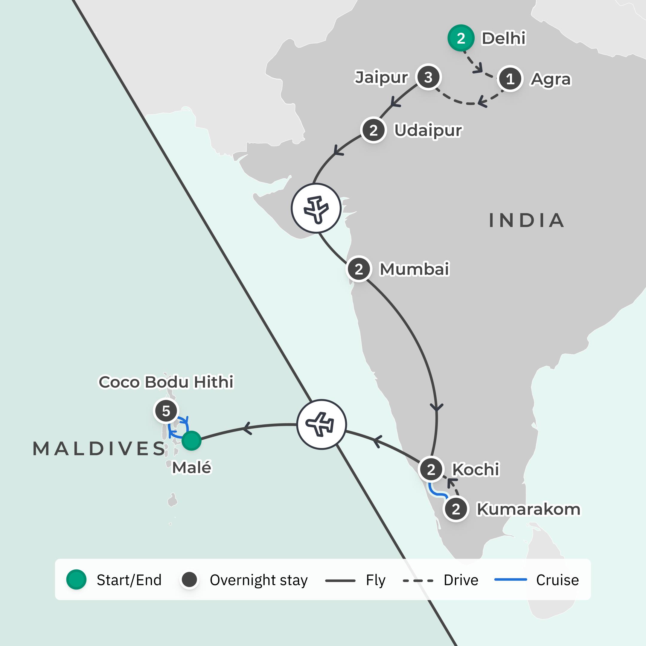 Limited Time Offer: 15-Day Ultimate India + 5-Night Maldives All-Inclusive Overwater Villa Escape route map