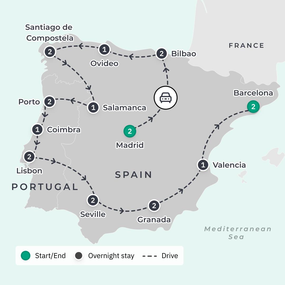 Spain & Portugal Grand Tour with Alhambra Palace & Douro River Cruise route map